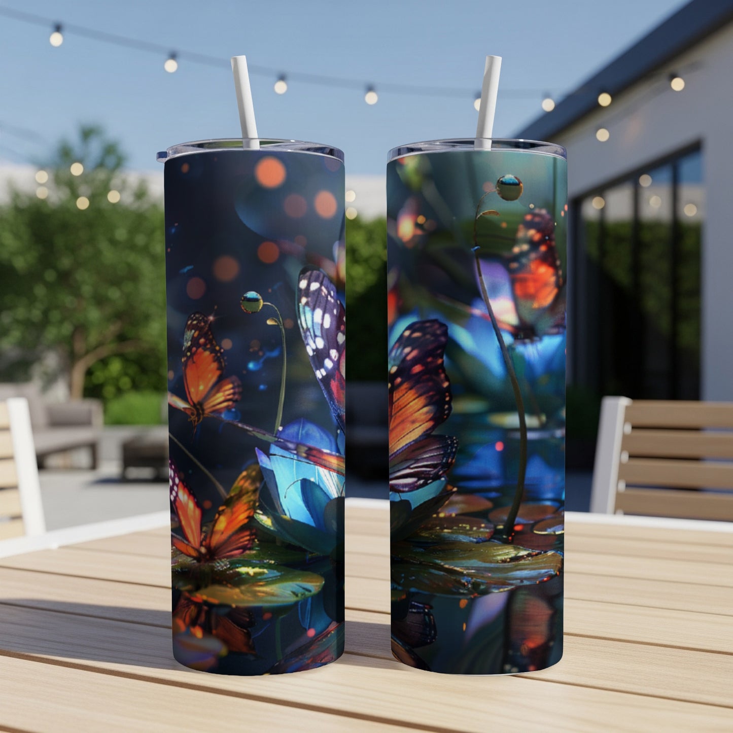 Two tall tumblers with iridescent butterfly and lotus flower design.