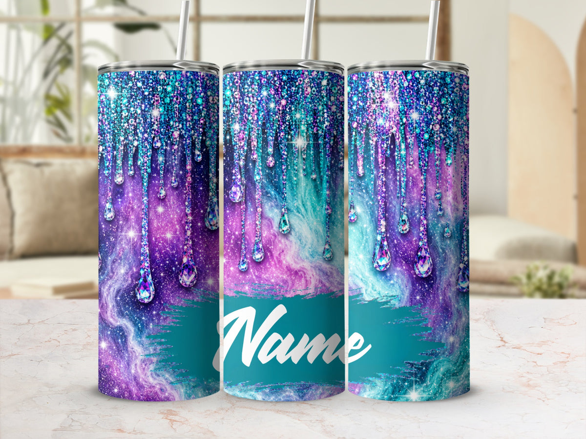 Three tumblers with dripping glitter and gem design, one showing the word "Name".