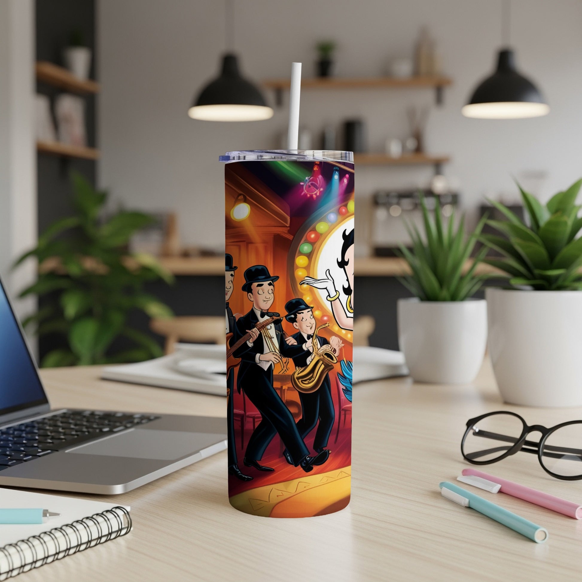 Cartoon band playing music on a tumbler with a light-up background.