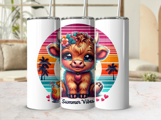 Cute cartoon cow with flower crown, sunglasses, and tropical drink.
