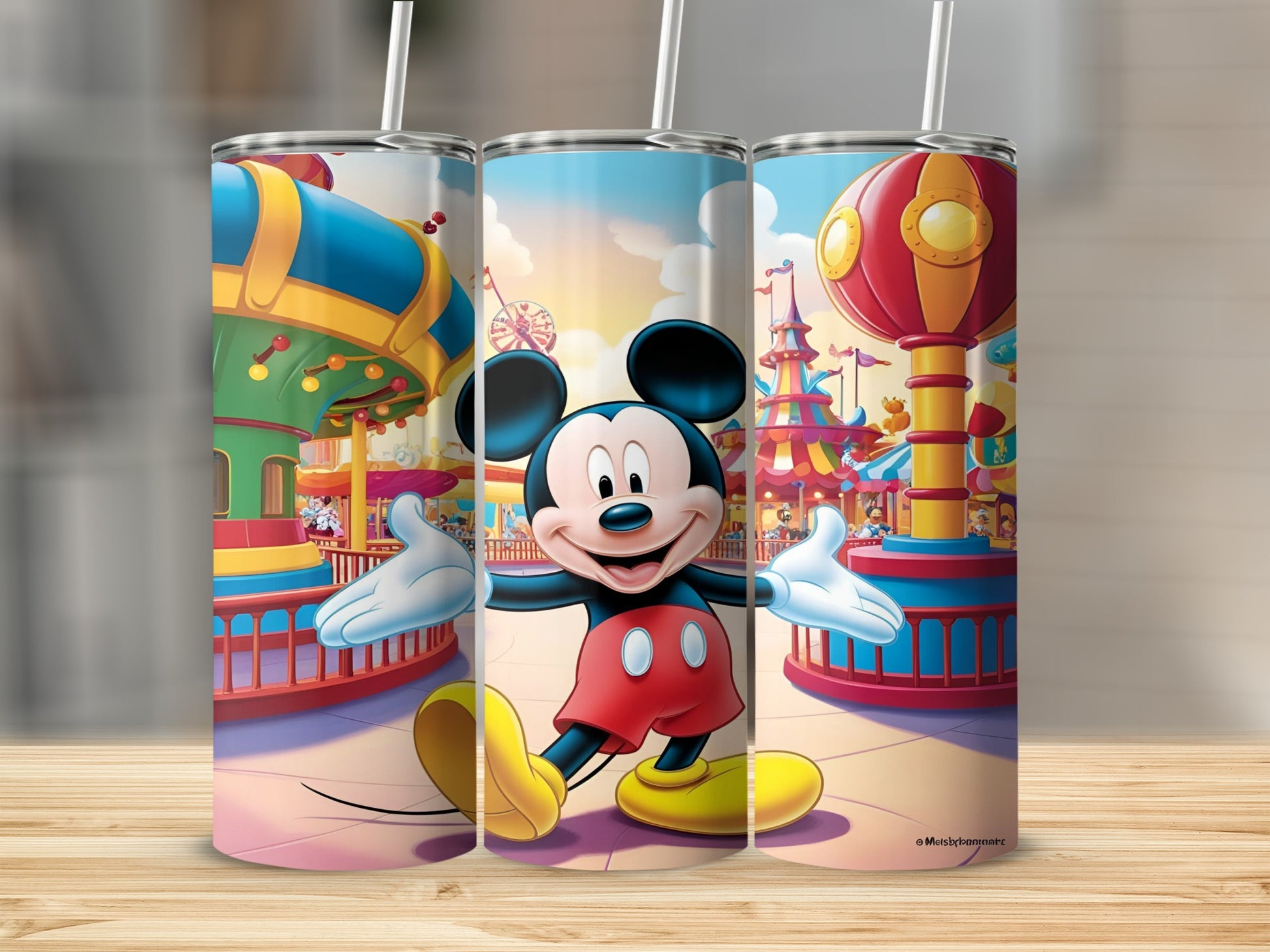 Mickey Mouse with amusement park rides and attractions in the background.