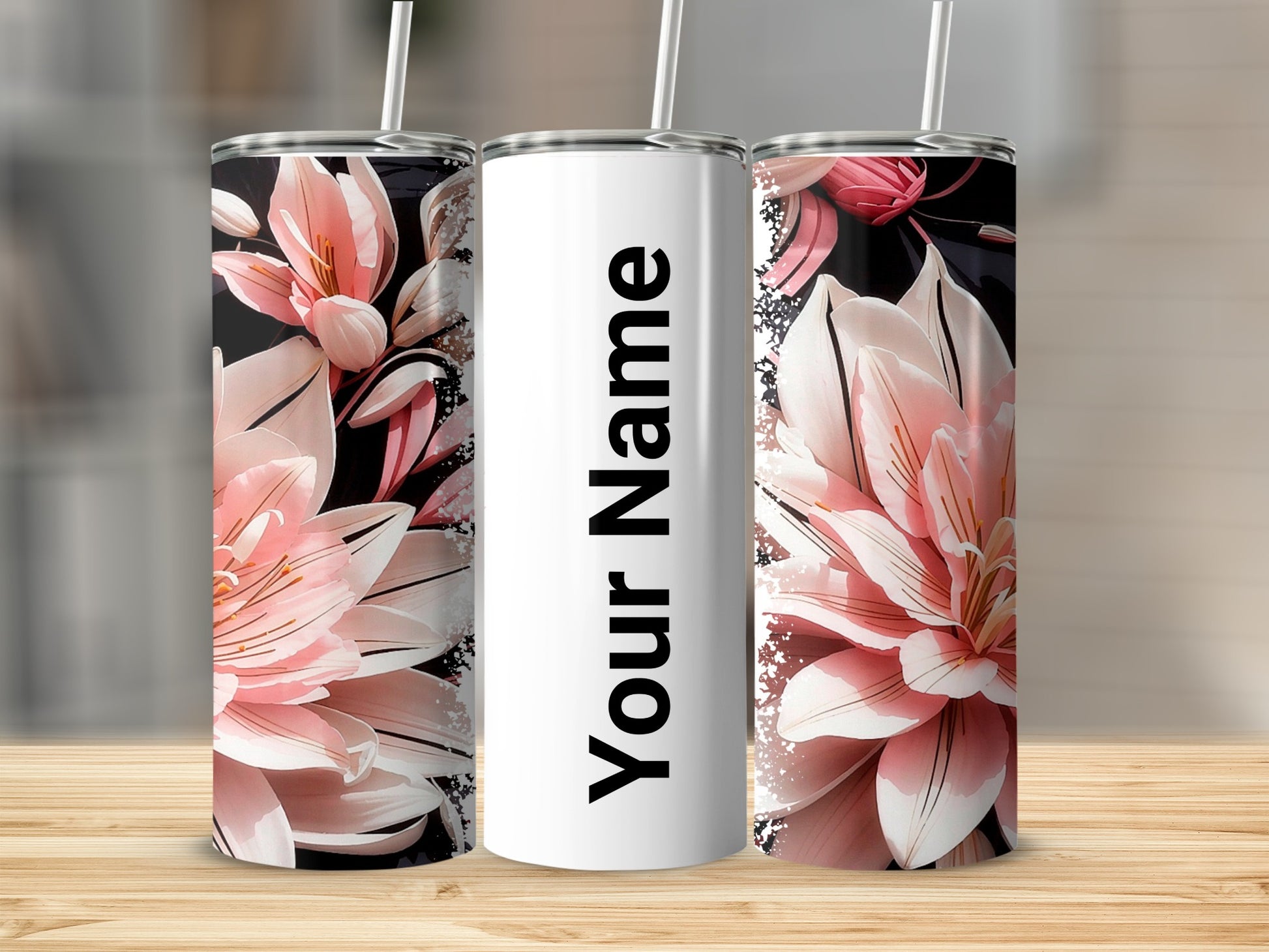 Personalized Pink Floral Design Tumbler with Straw