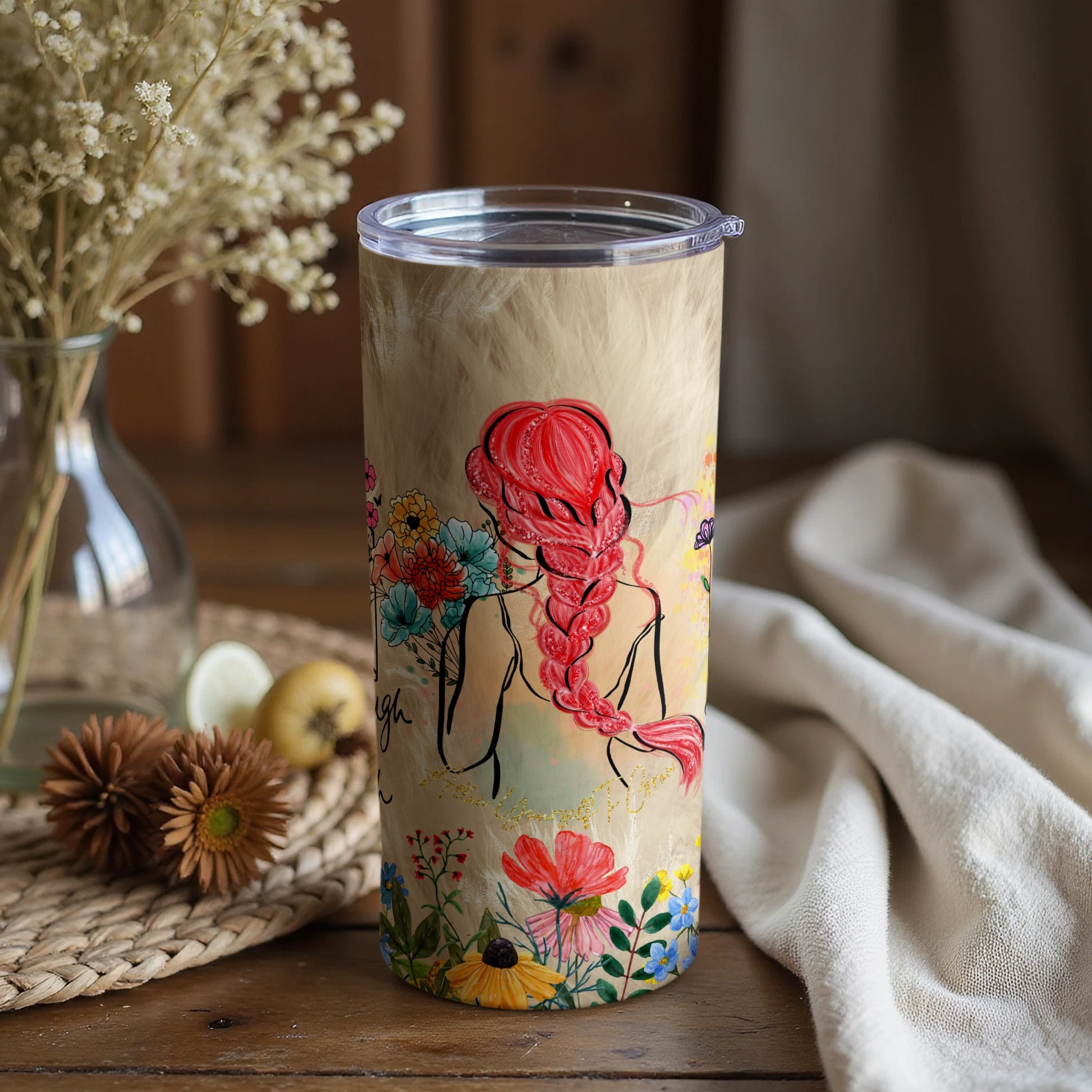 Floral Art Travel Tumbler with Red Braided Hair Design