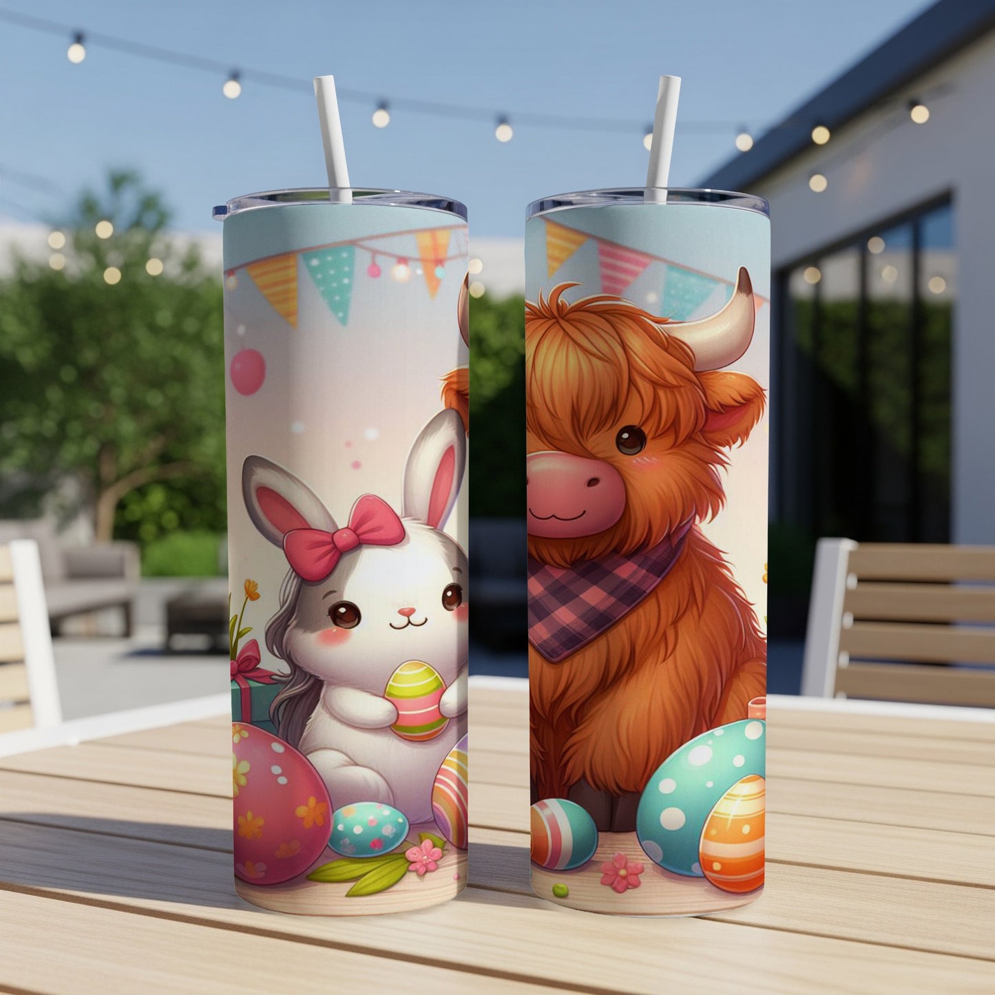 Easter bunny and highland cow with decorated eggs on tumblers.