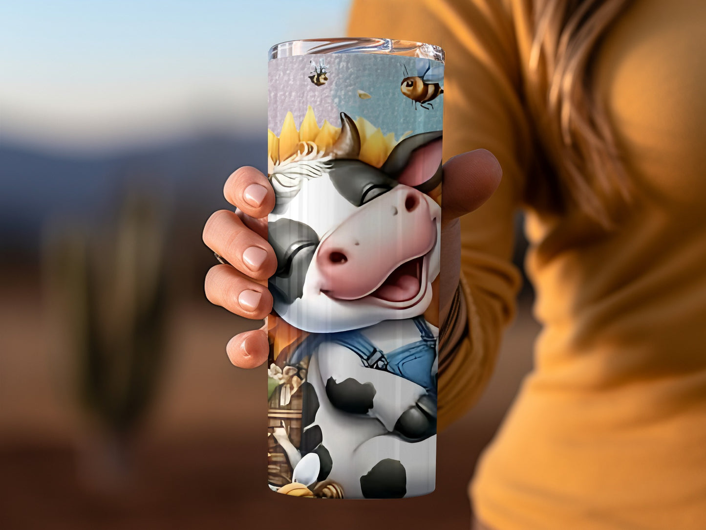 Cute Cartoon Cow Travel Mug with Bees and Flowers