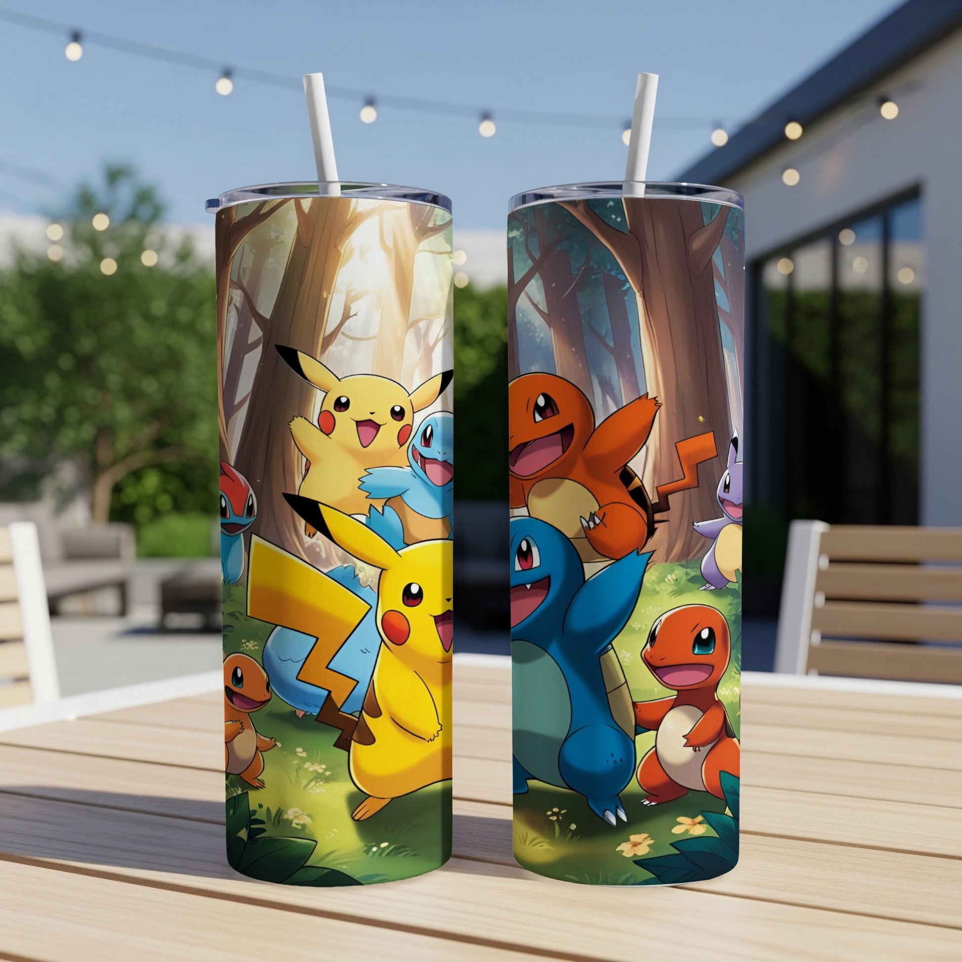 Two Pokémon tumblers featuring Pikachu, Squirtle, and Charmander on a wooden table.