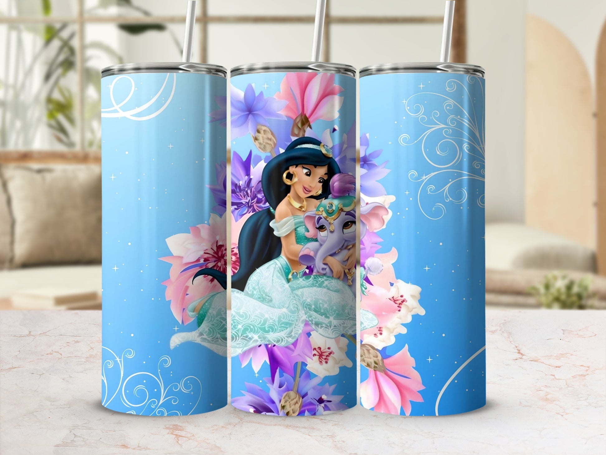 Princess Design Tumbler with Colorful Floral Background