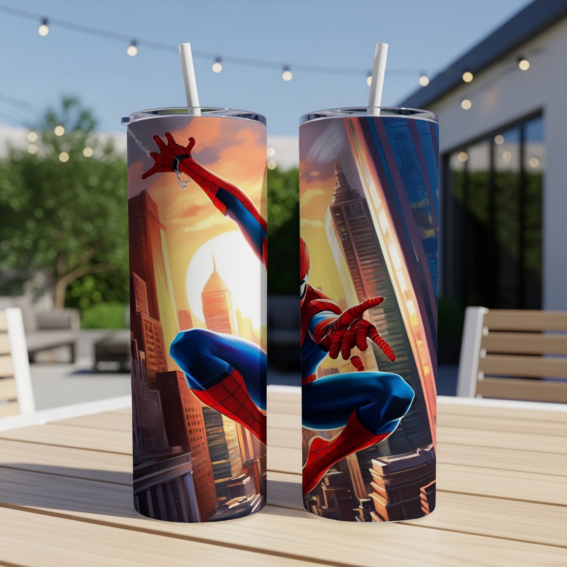 Spiderman swinging through a city with skyscrapers at sunset.