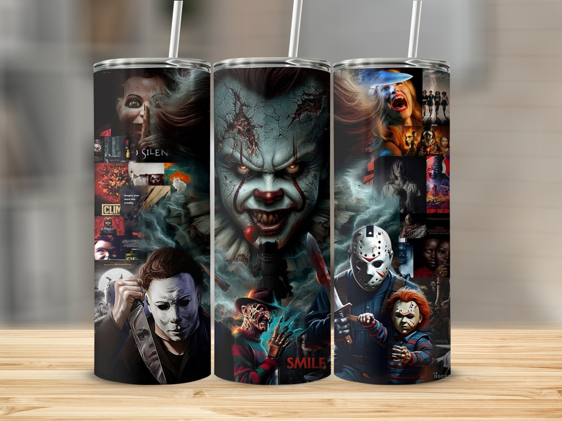 Tumblers with collage of horror movie characters: Pennywise, Michael Myers, Freddy Krueger, Jason Voorhees, Chucky.