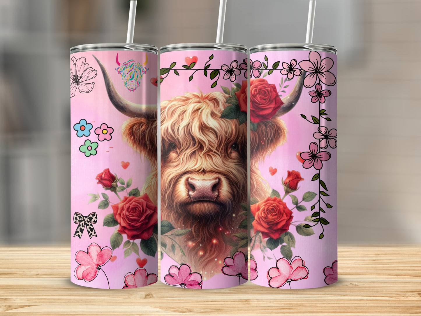 Colorful Floral Highland Cow Design Insulated Tumbler