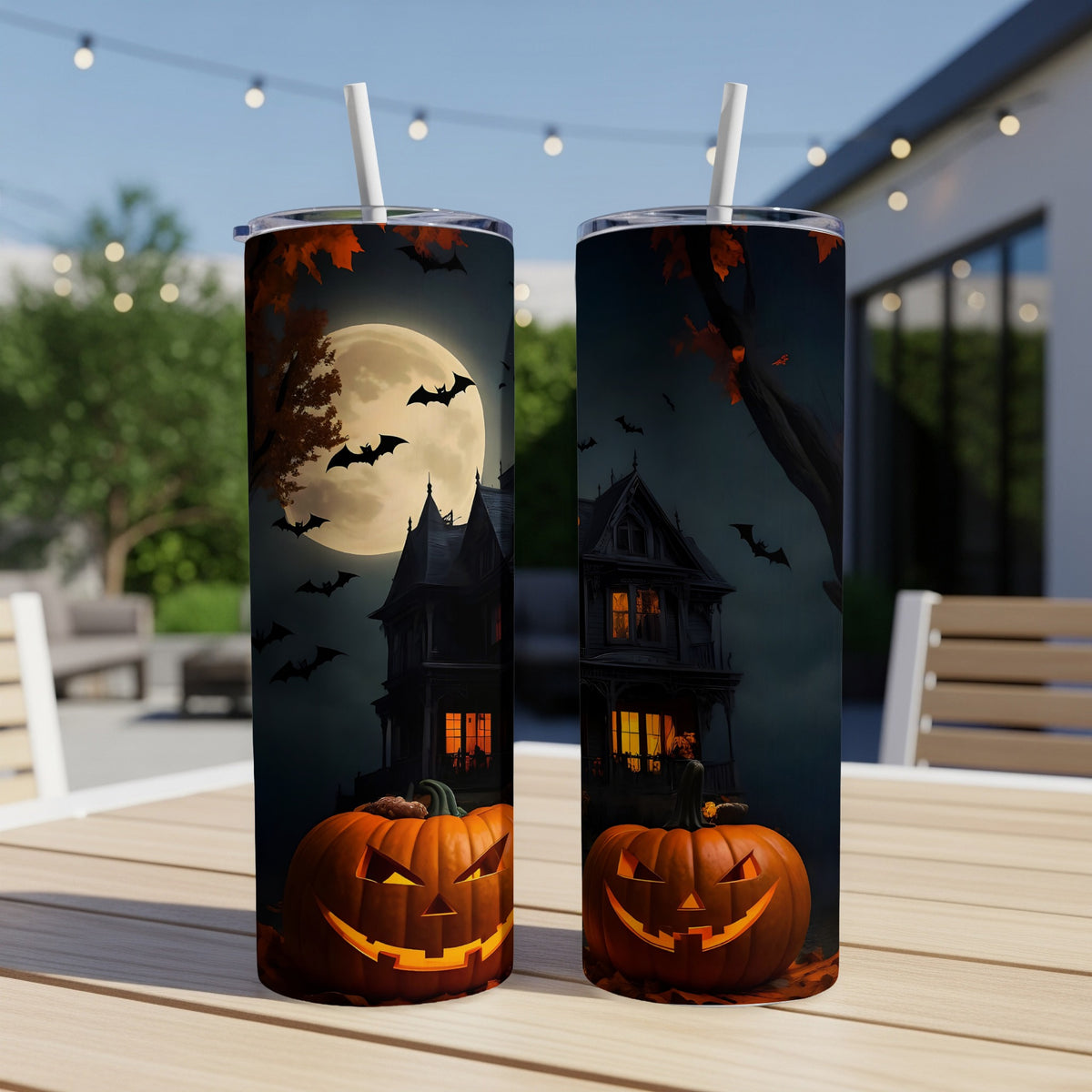 Two tumblers with a spooky Halloween scene featuring haunted houses and jack-o'-lanterns.