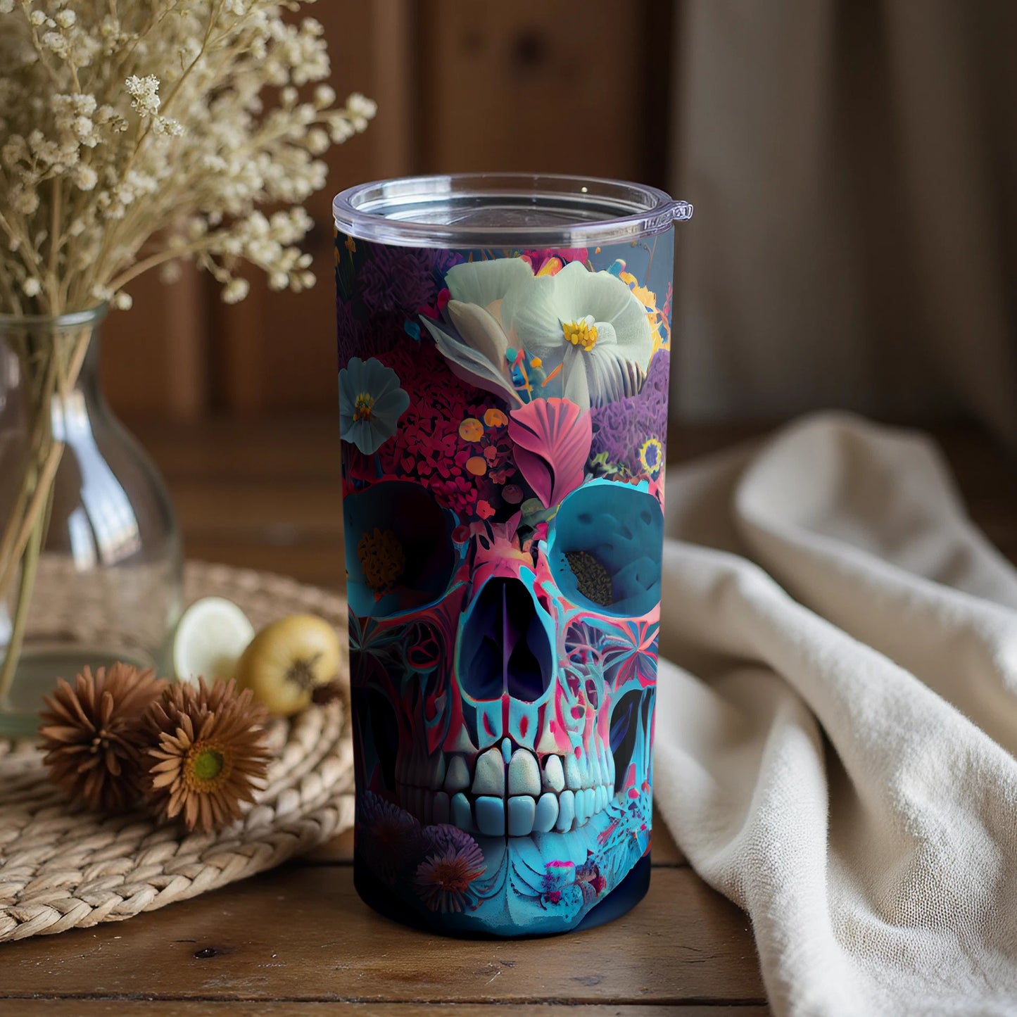 Colorful Floral Skull Design Vacuum Insulated Tumbler