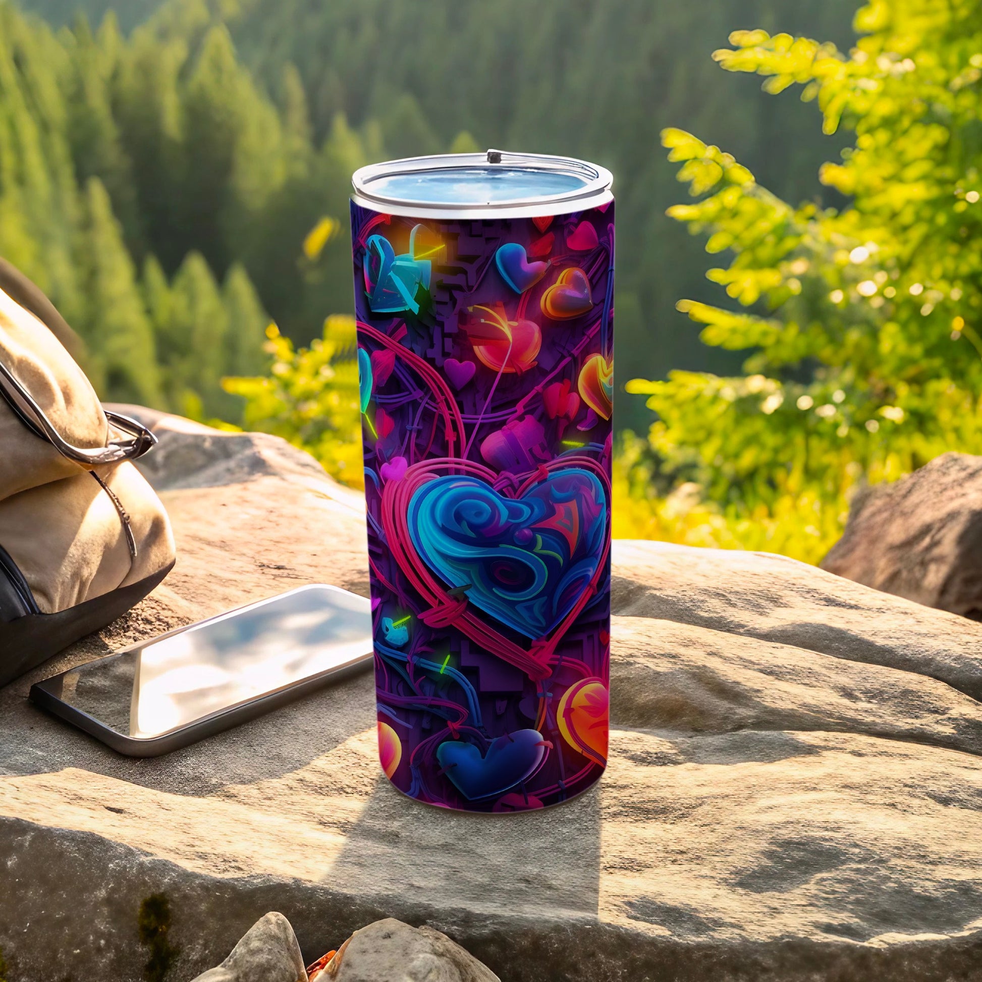 Tumbler with colorful hearts and lock designs outdoors.