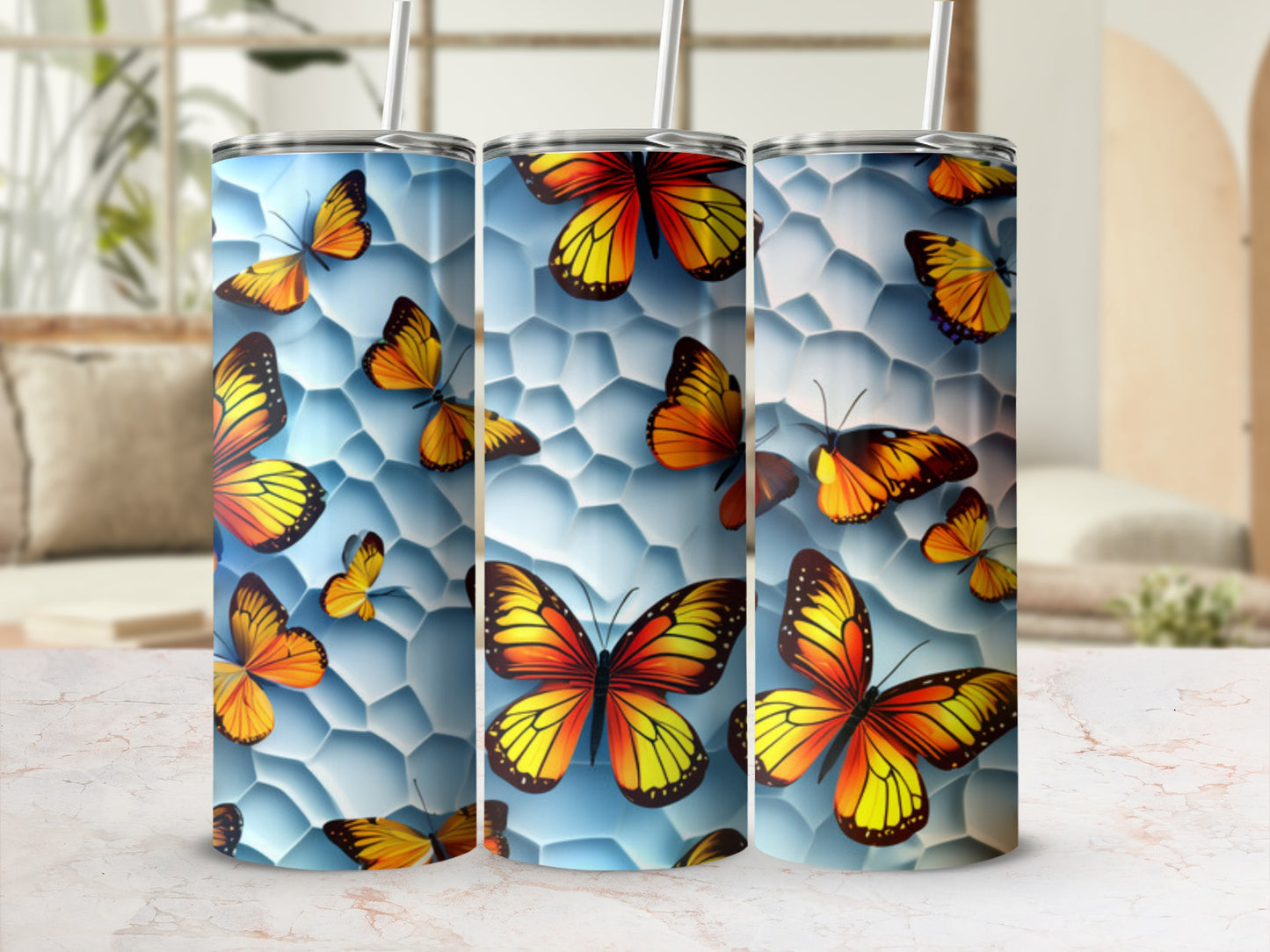 Blue and orange butterflies on a gradient background with geometric shapes.