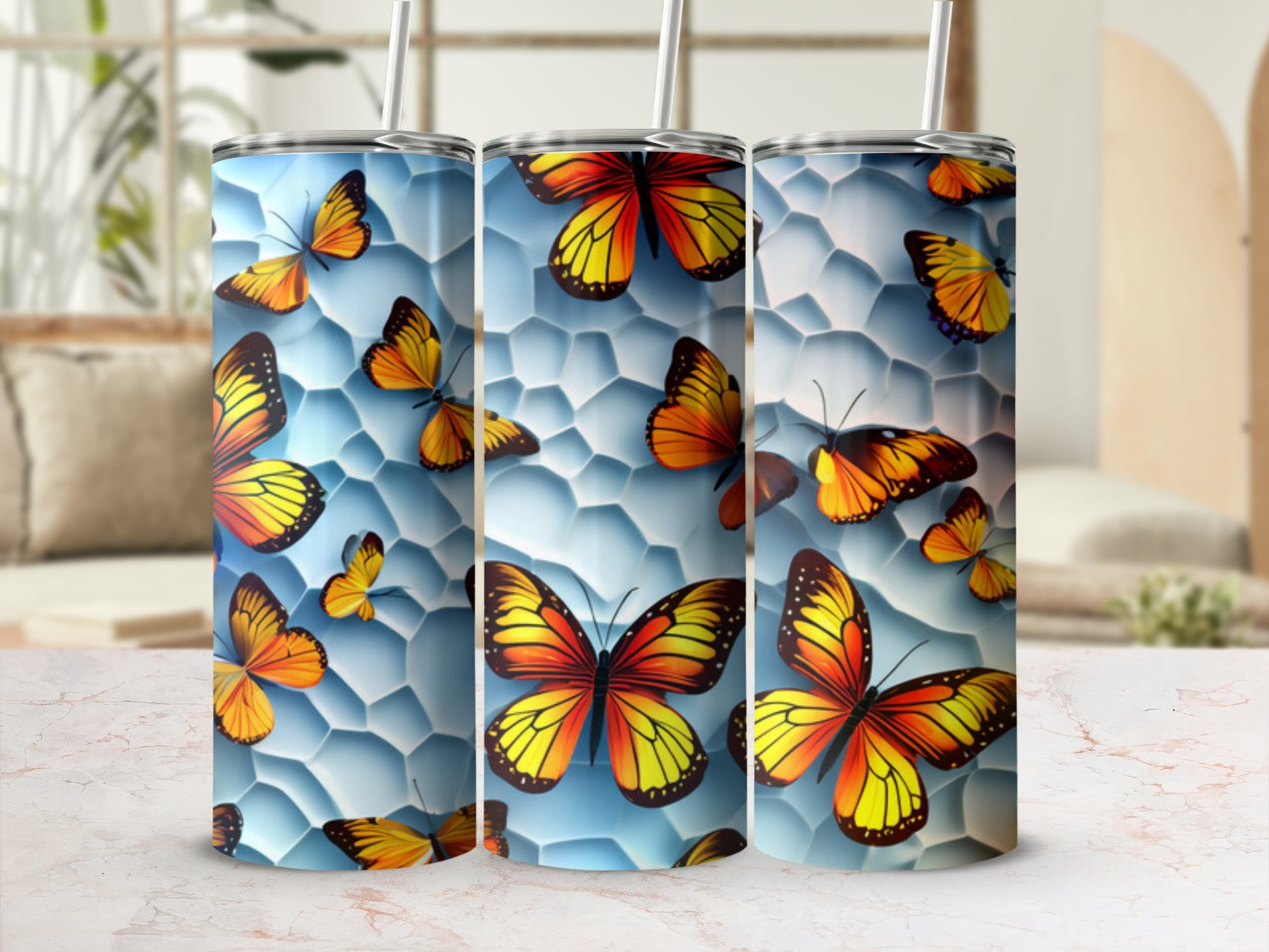 Blue and orange butterflies on a gradient background with geometric shapes.