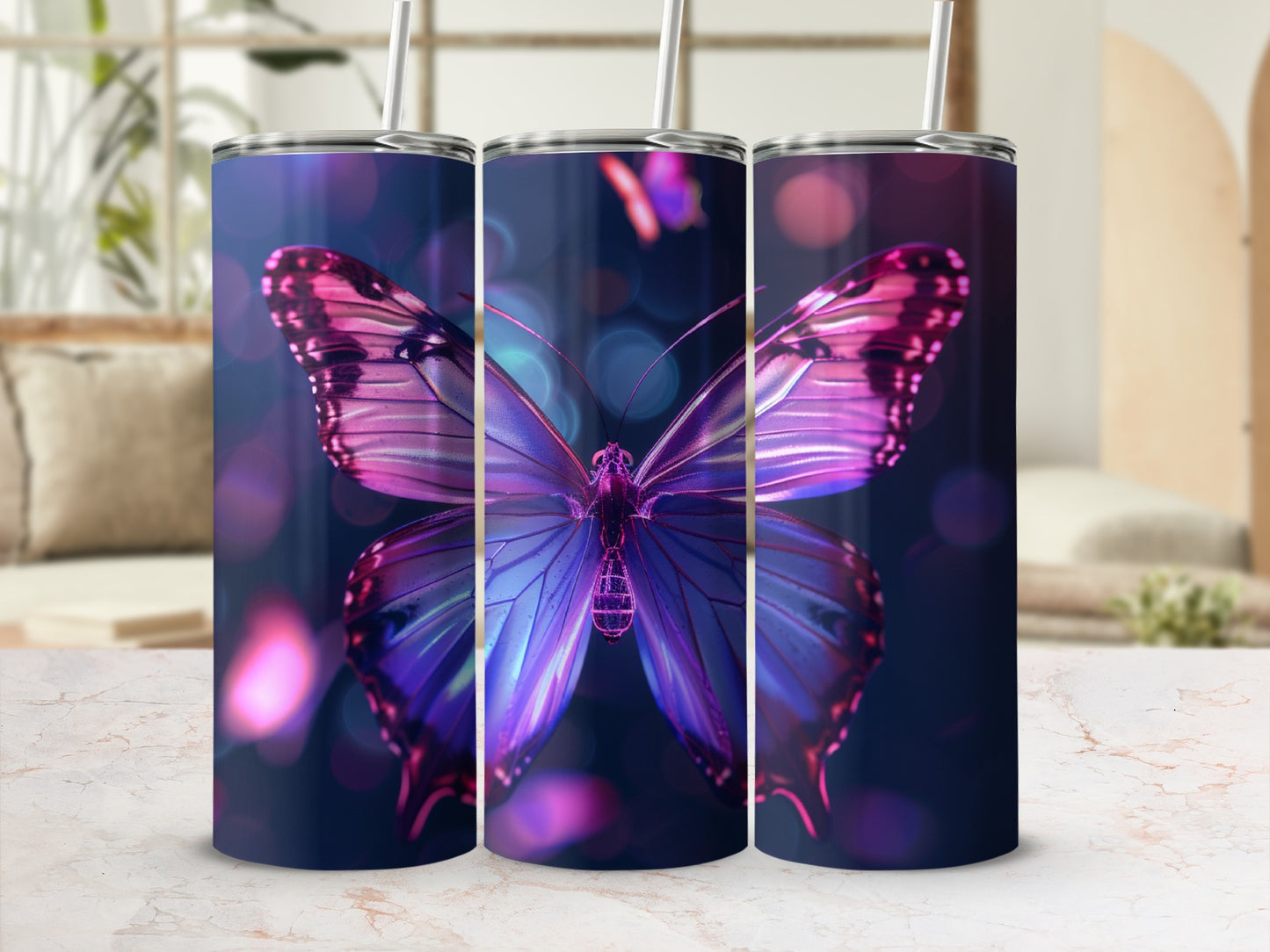 Purple butterfly design on a blue tumbler with bokeh lights.