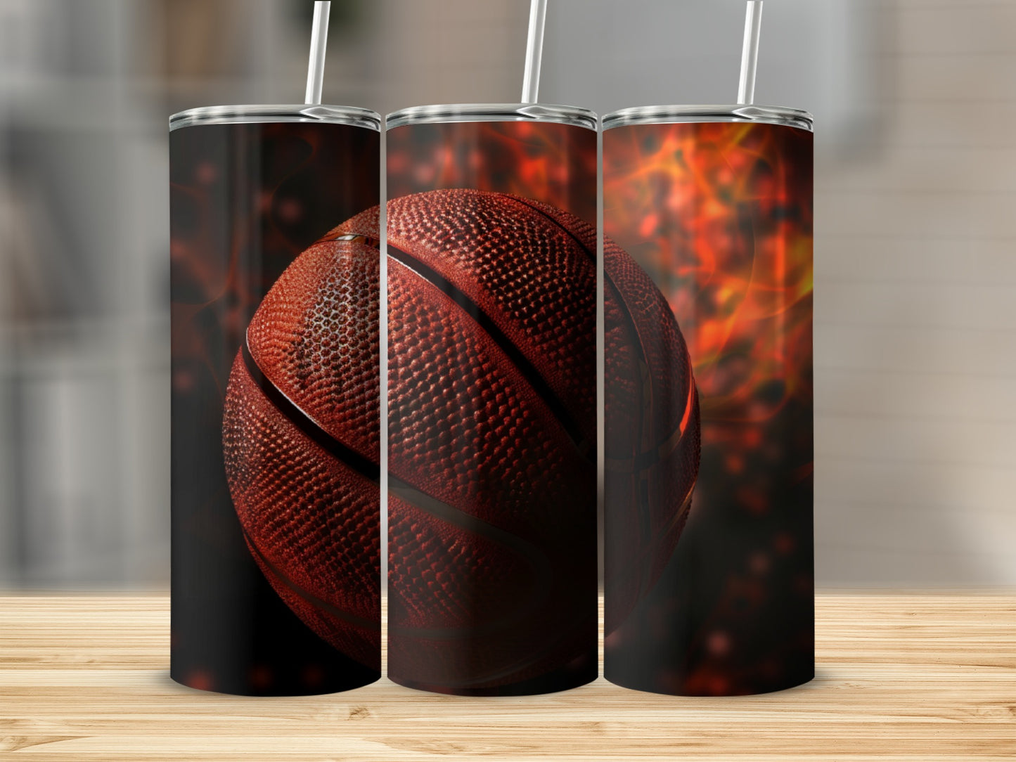 Three tumblers featuring a close-up of a basketball with fiery orange background.