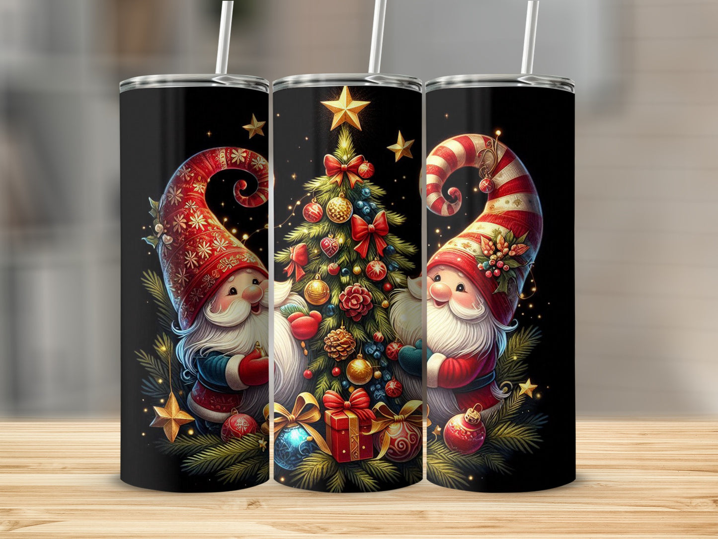 Two festive gnomes flank a decorated Christmas tree with gifts and stars.