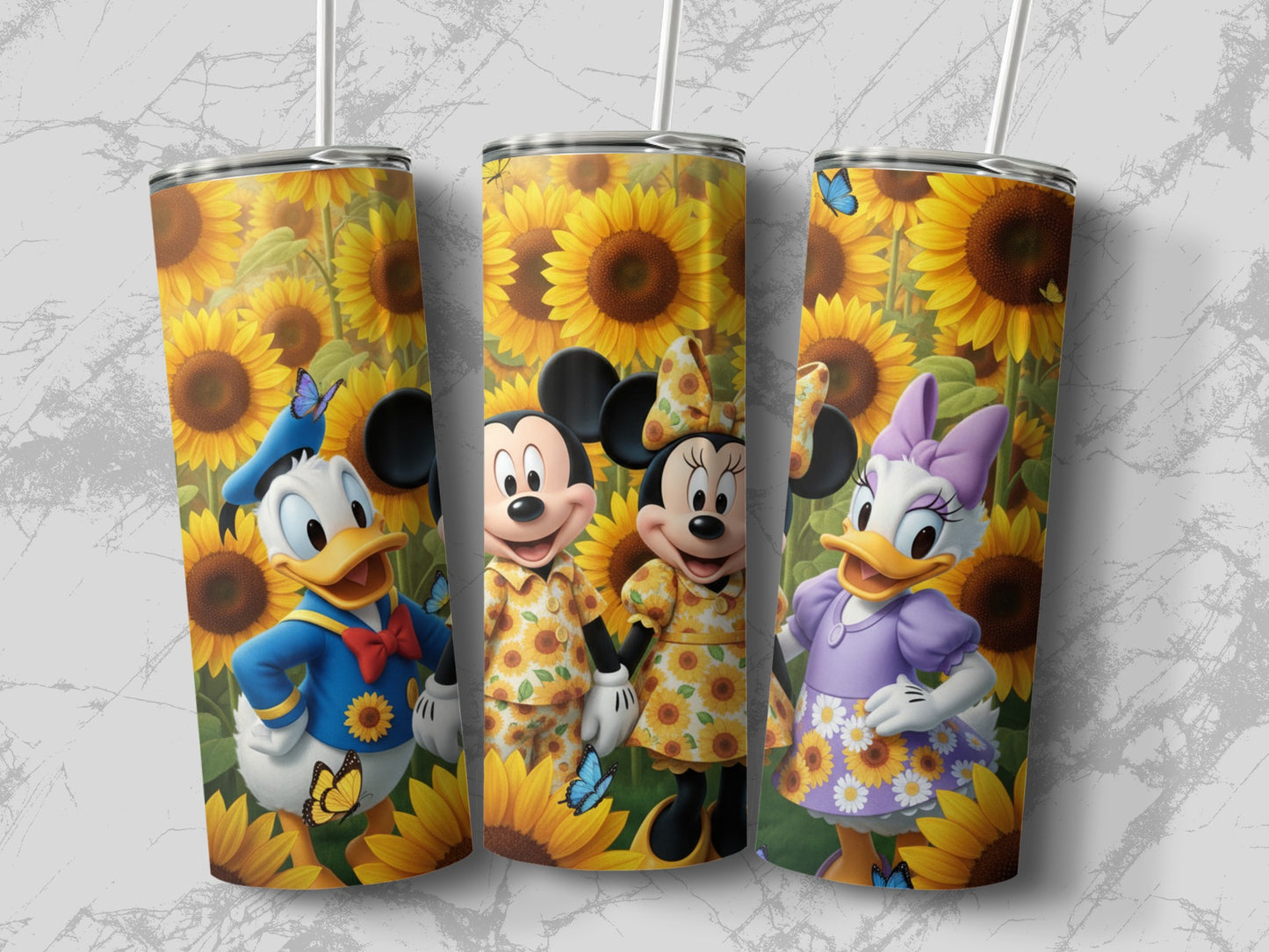Sunflower Themed Drinkware Featuring Cartoon Characters