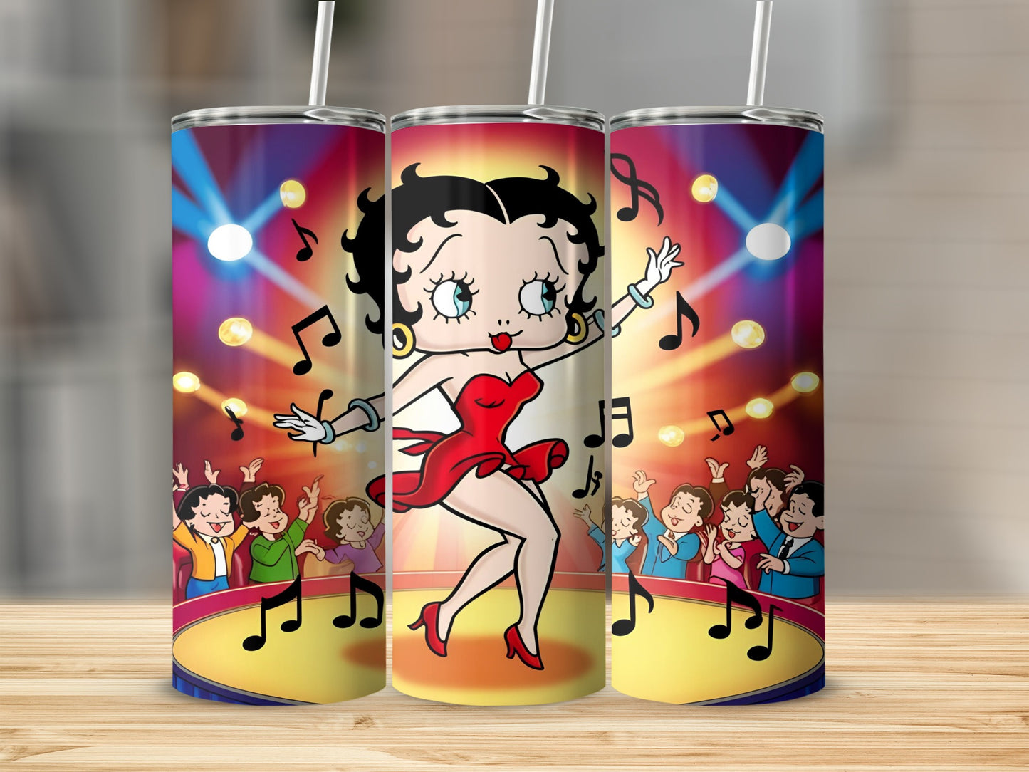 Betty Boop dancing on stage with an audience and musical notes.