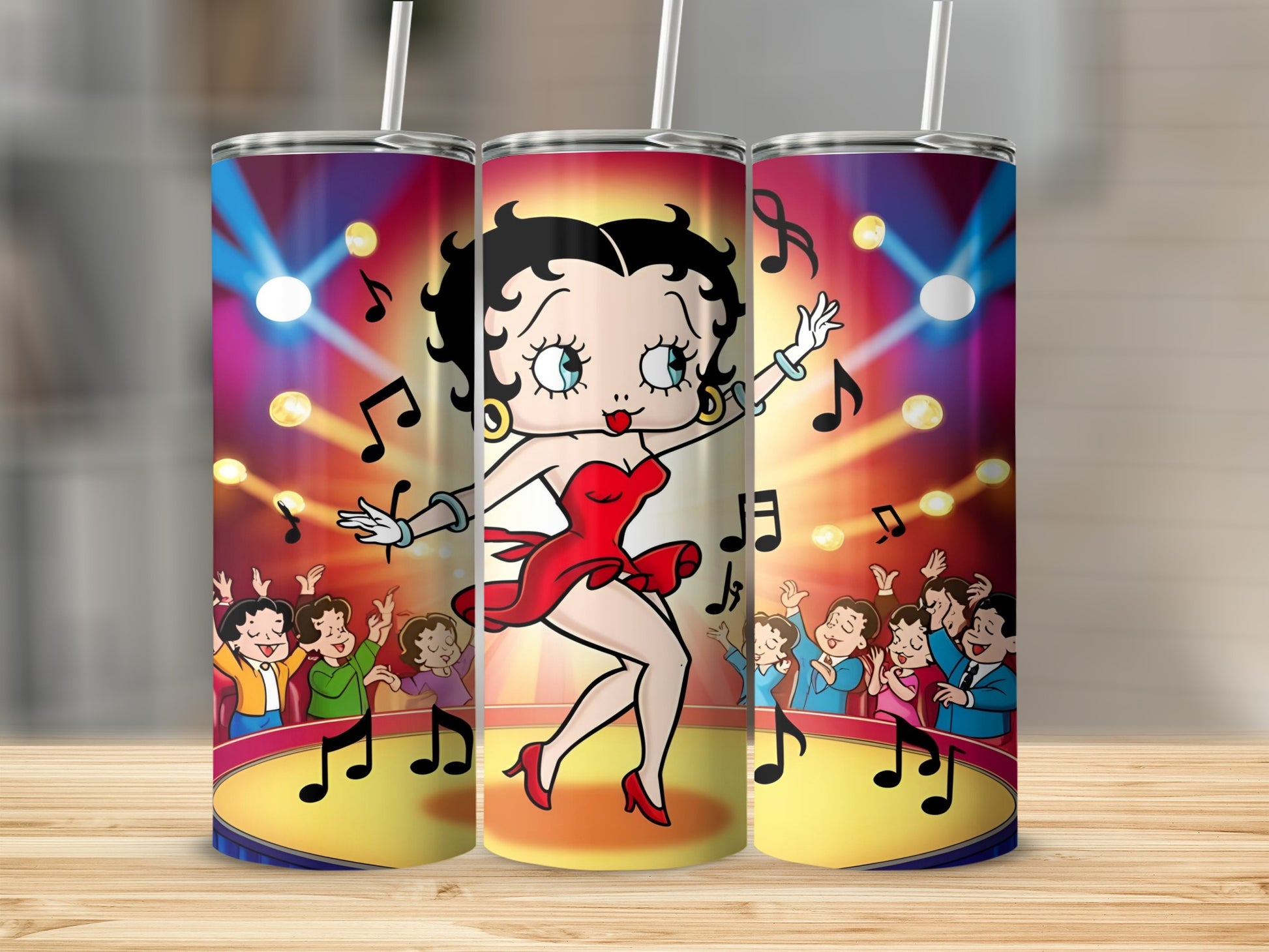 Betty Boop dancing on stage with an audience and musical notes.