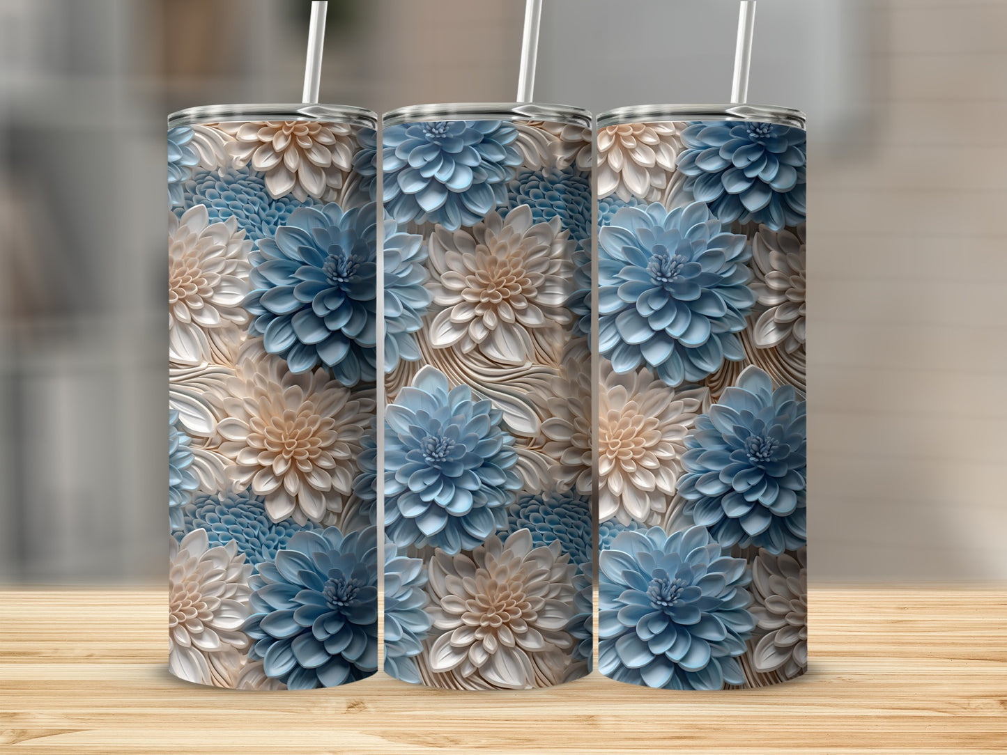 3D Blue Beige Floral Textured Dahlias Tumbler product type