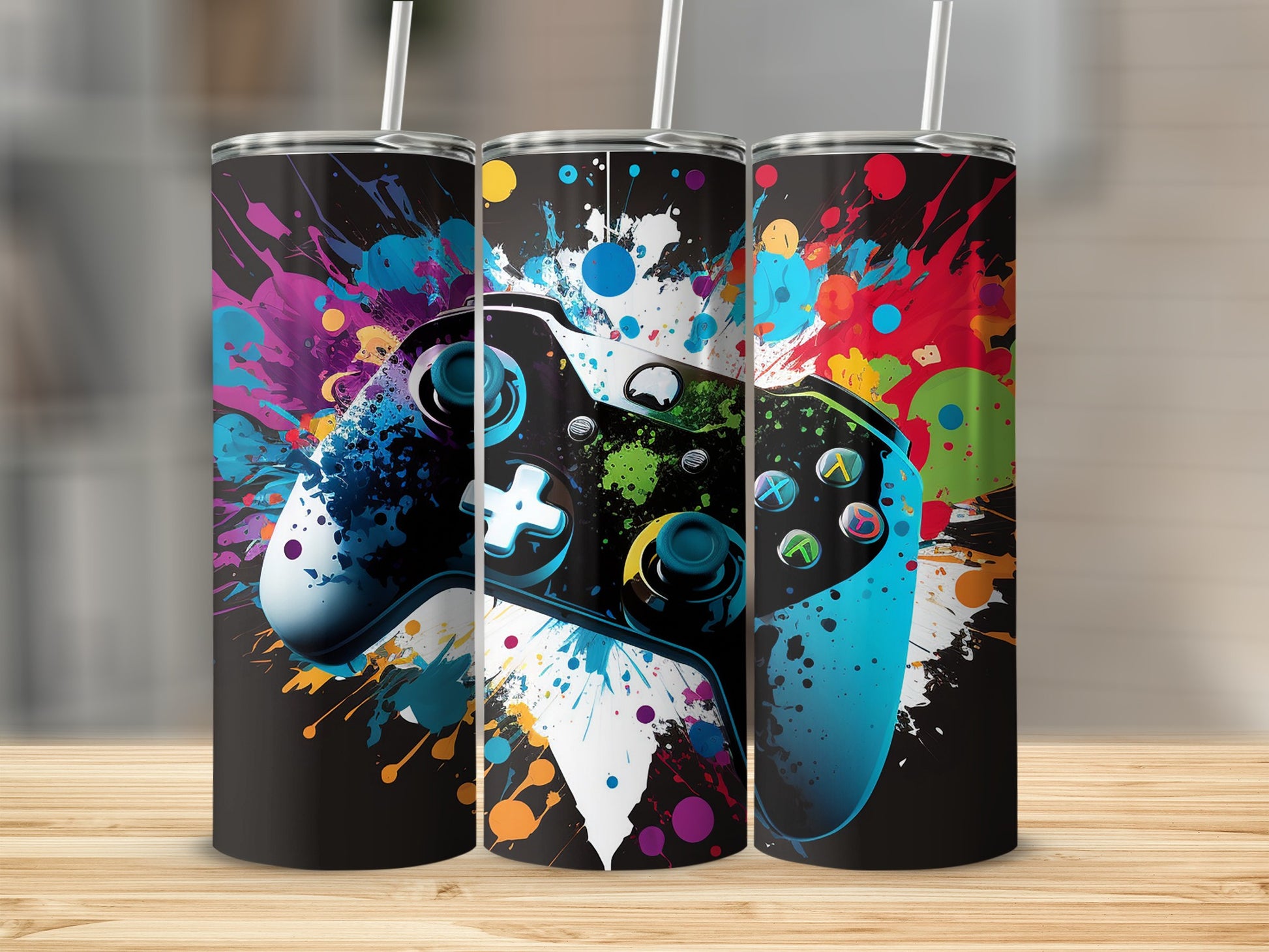 Colorful Gaming Controller Splatter Design Tumbler
