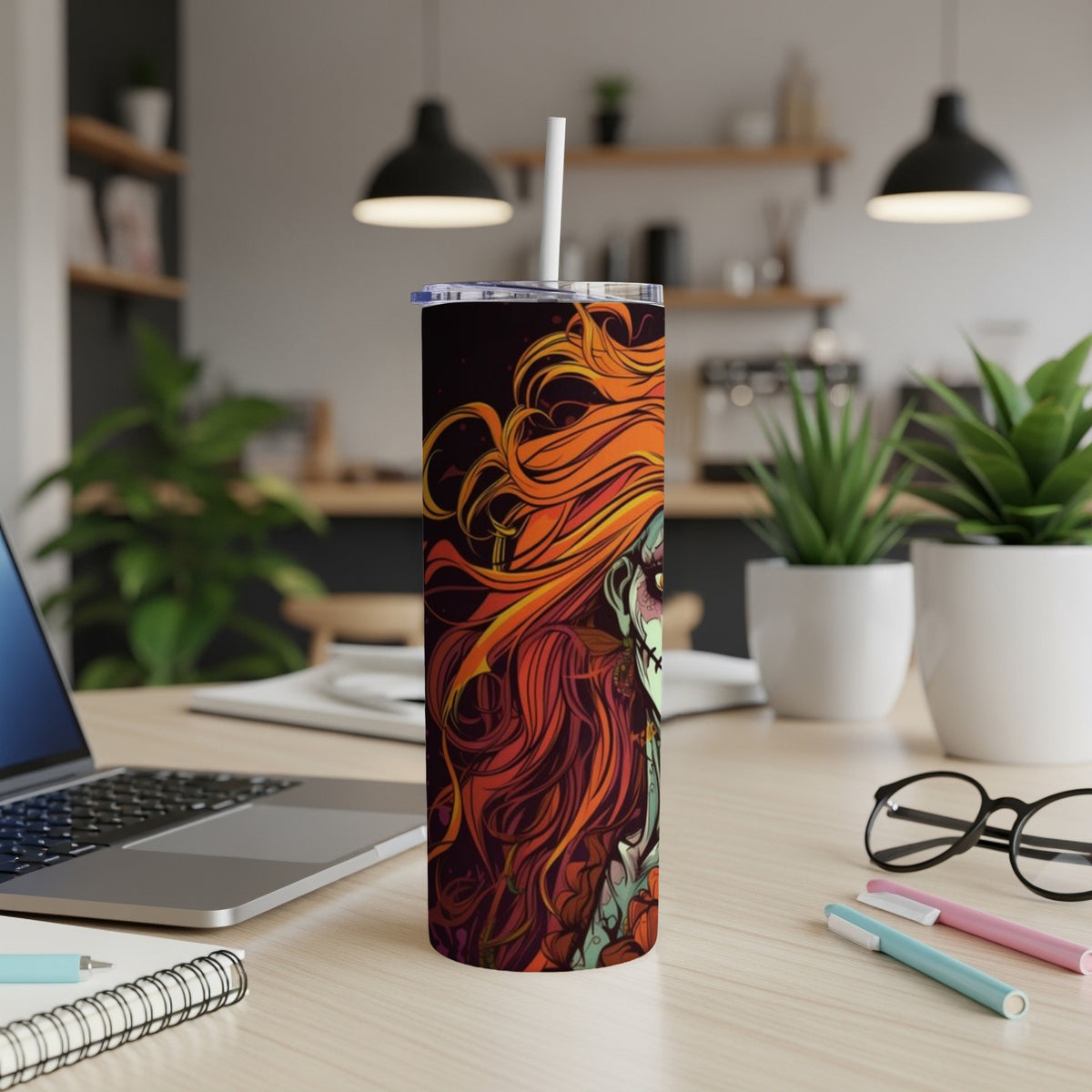 Tumbler with swirling orange hair and a green and pink detailed face on a black background.