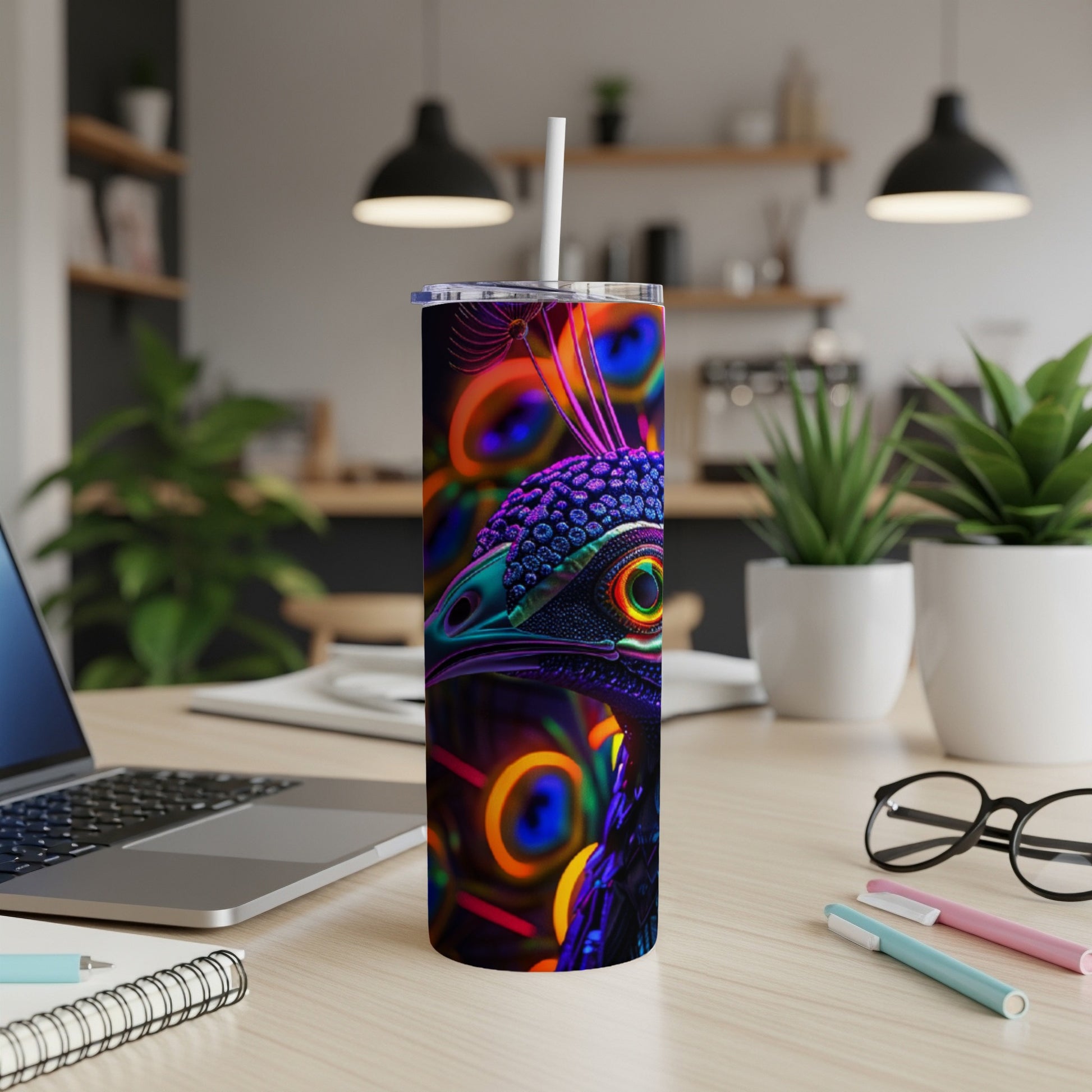 Tumbler with neon peacock eye design, laptop, and pens on desk.