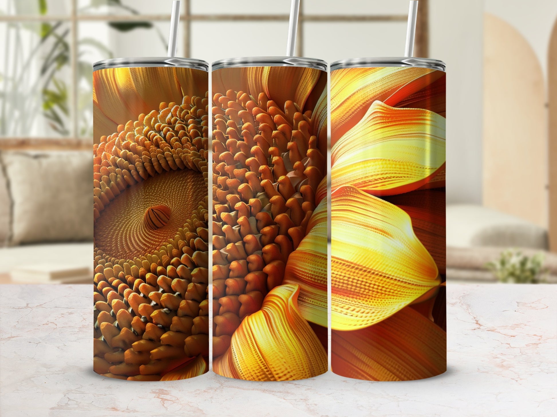 Three golden sunflower-themed tumblers with textured petals and spiral centers.