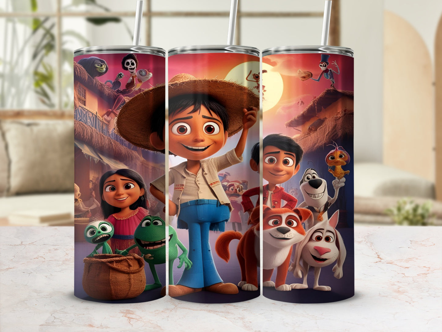 Coco movie characters Miguel, Hector, Dante, Pepita, and Alebrije on a tumbler.