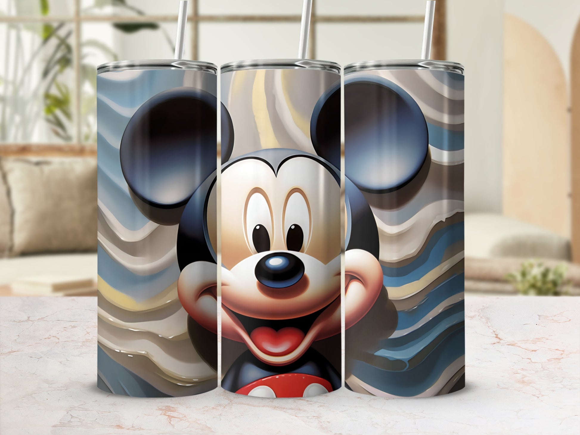 Mickey Mouse Wave Design Travel Mug with Straw