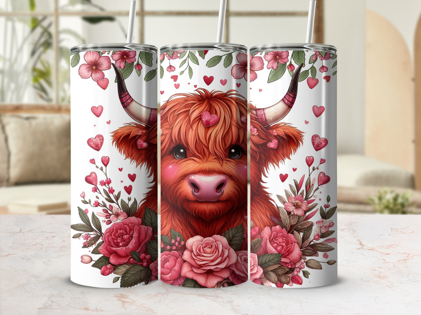 Highland cow with pink flowers and hearts, Valentine's Day design.