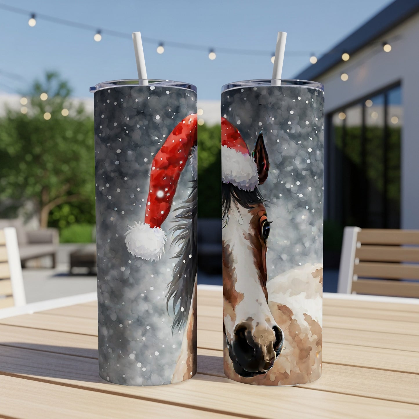 Brown and white horse wearing a Santa hat, on a tumbler.