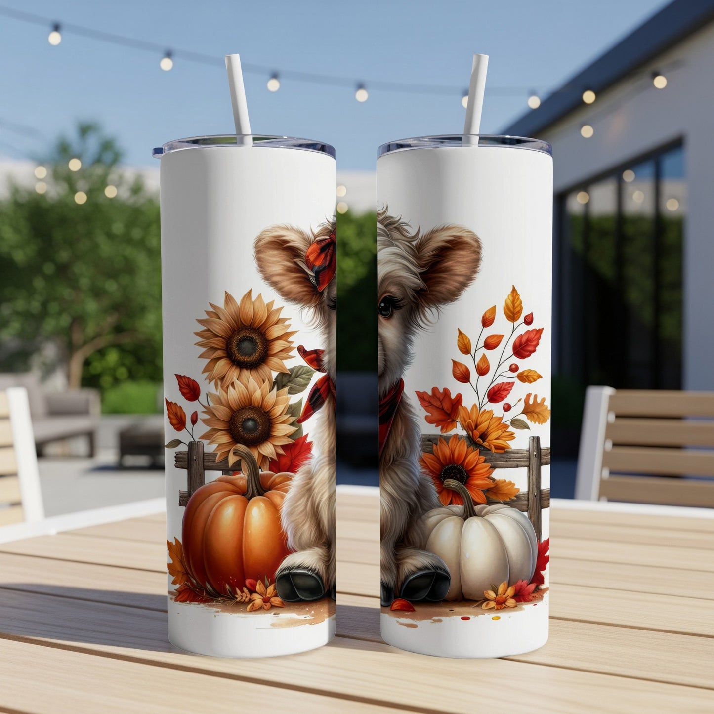 Cow illustration with pumpkins and sunflowers on a white tumbler.