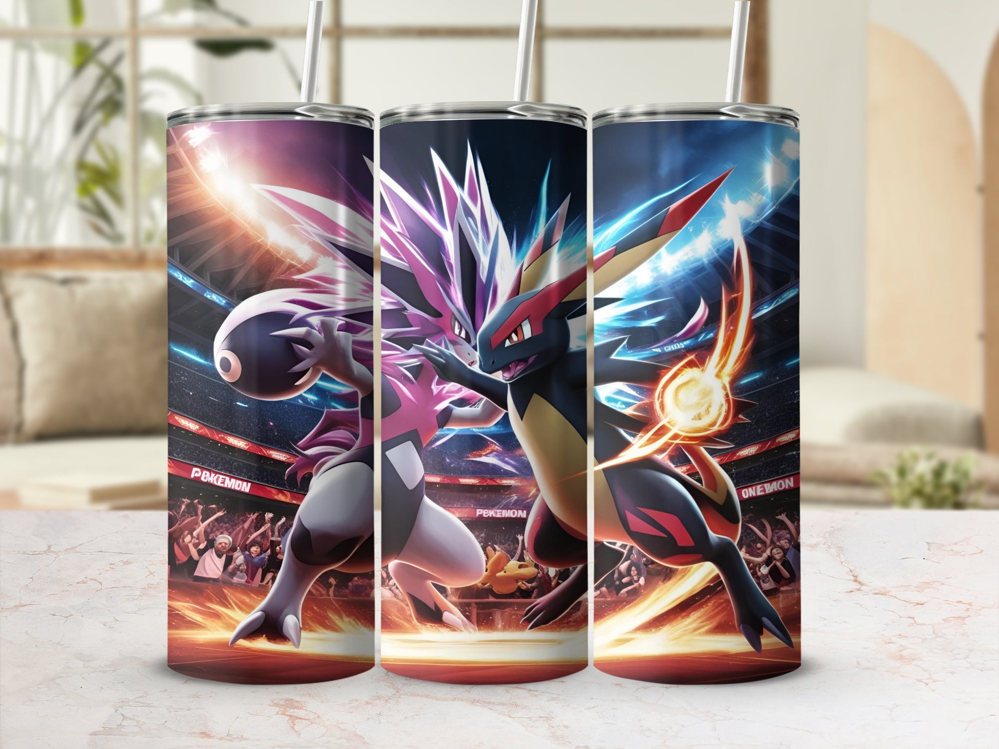 Pokemon trainers battling with fiery energy in stadium.