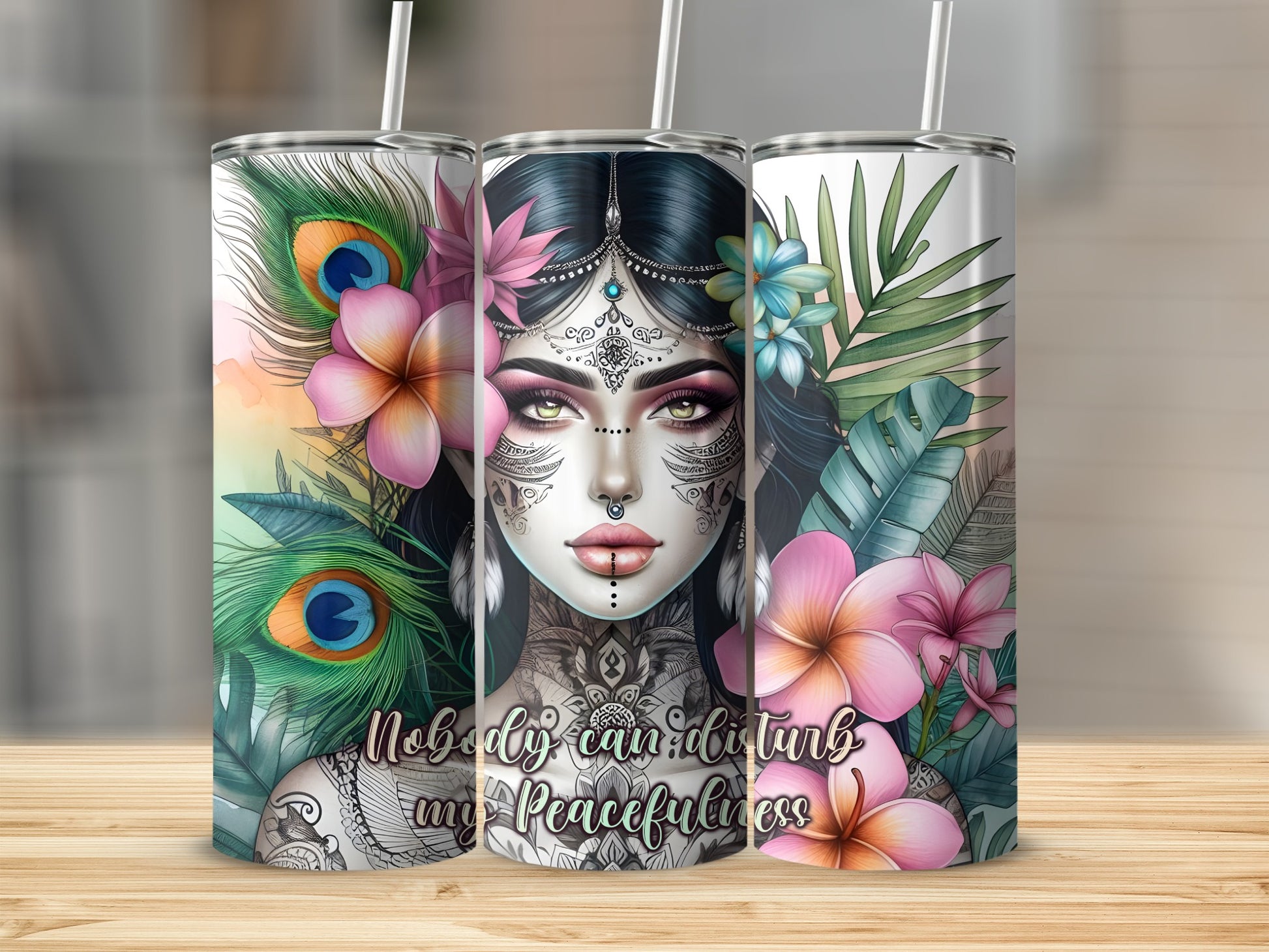 Tumbler with bohemian woman, feathers, and flowers, "Nobody can disturb my peacefulness" text.