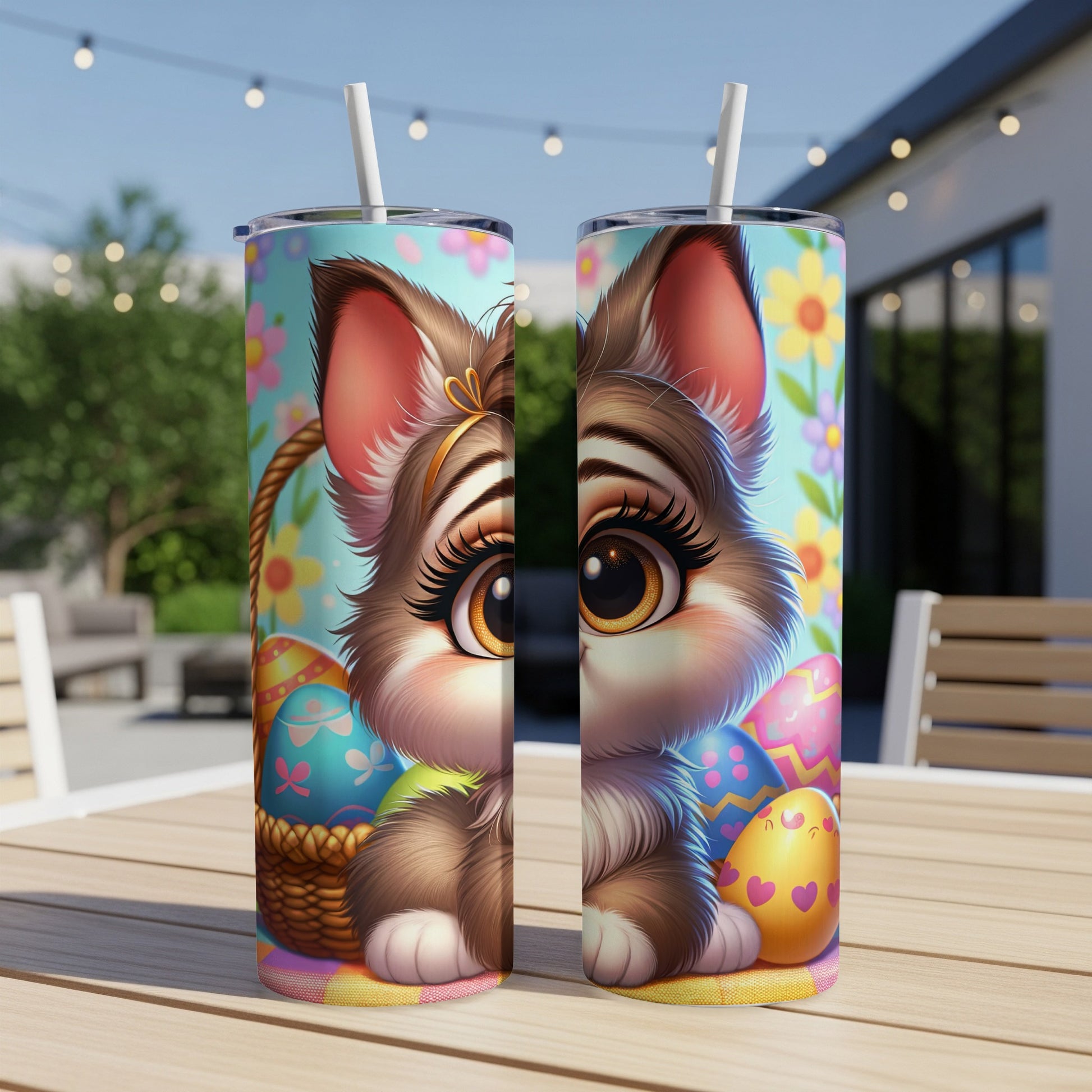 Cute kitten with Easter eggs and flowers on a tumbler.