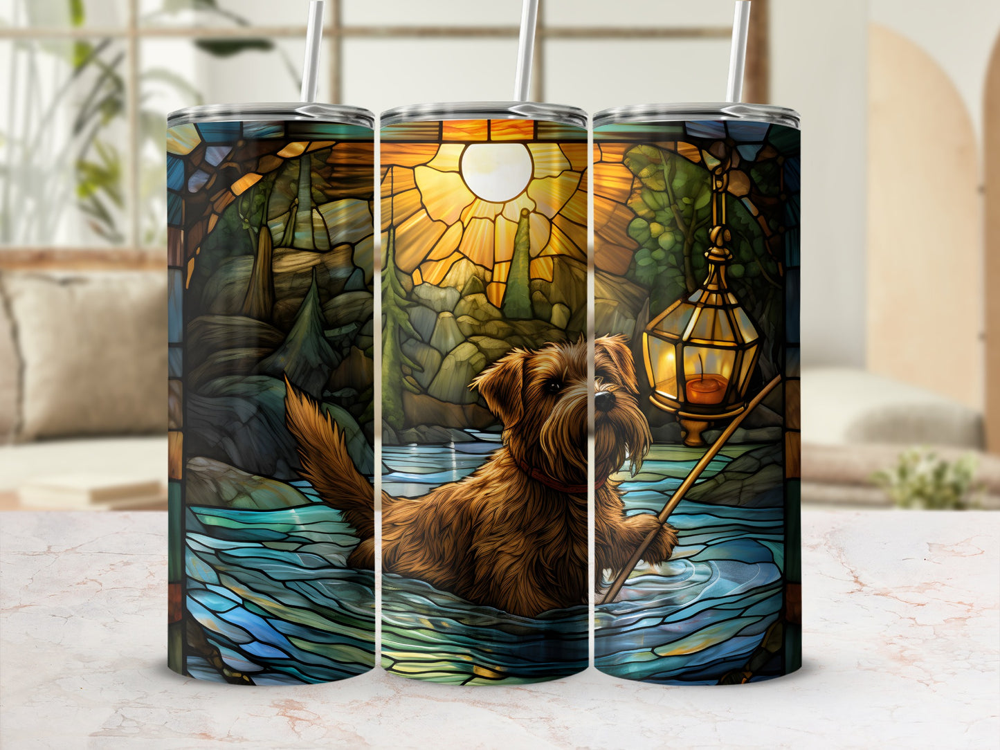 Stained glass tumbler with a scruffy dog in water holding a stick.