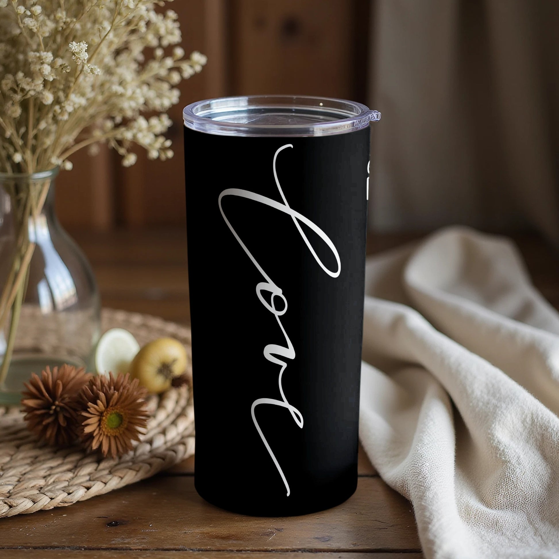 Black Tumbler with Elegant Handwritten Love Design