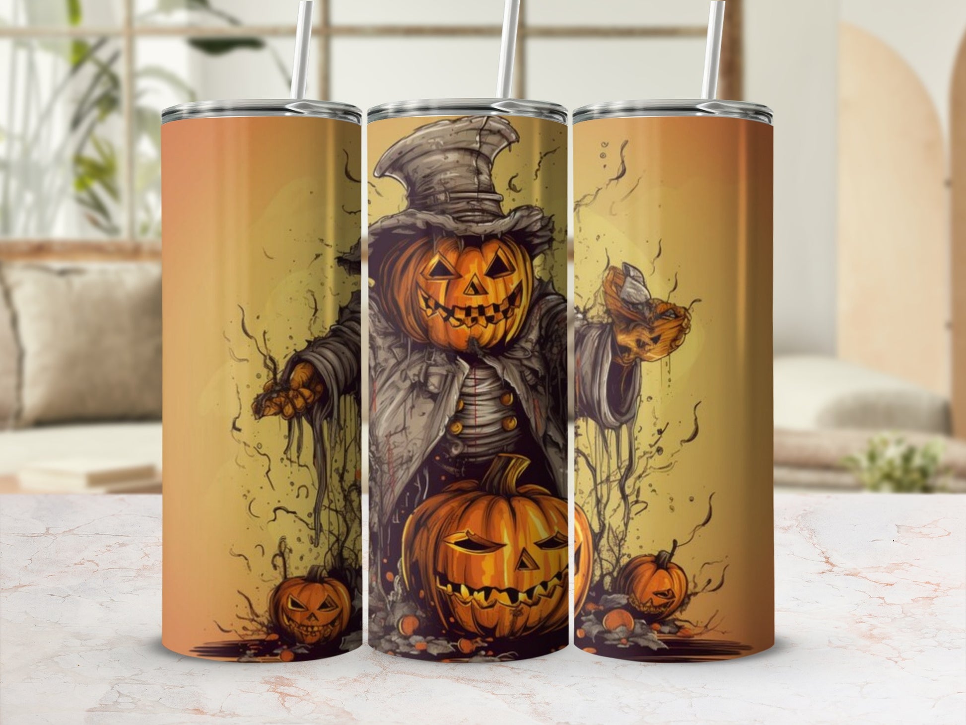 Three tumblers featuring a jack-o'-lantern scarecrow with pumpkins on an orange background.