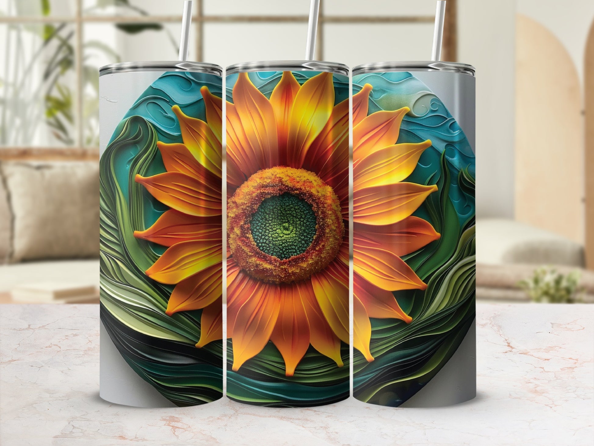 Sunflower tumbler with textured petals and green leaf accents.