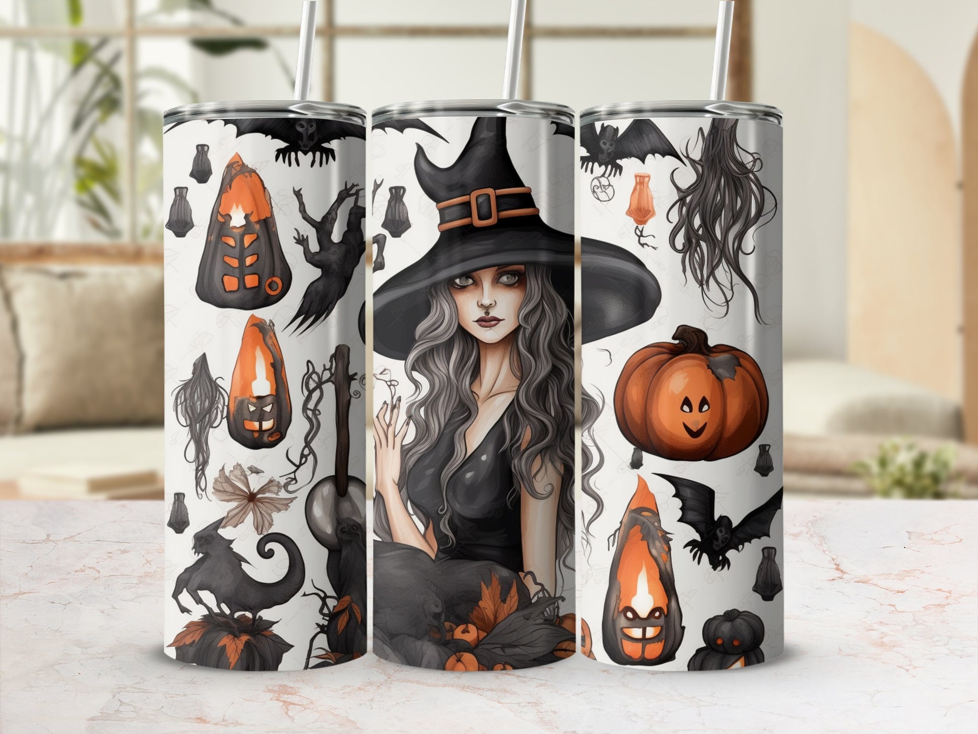 Halloween Witch and Pumpkin Design Tumbler