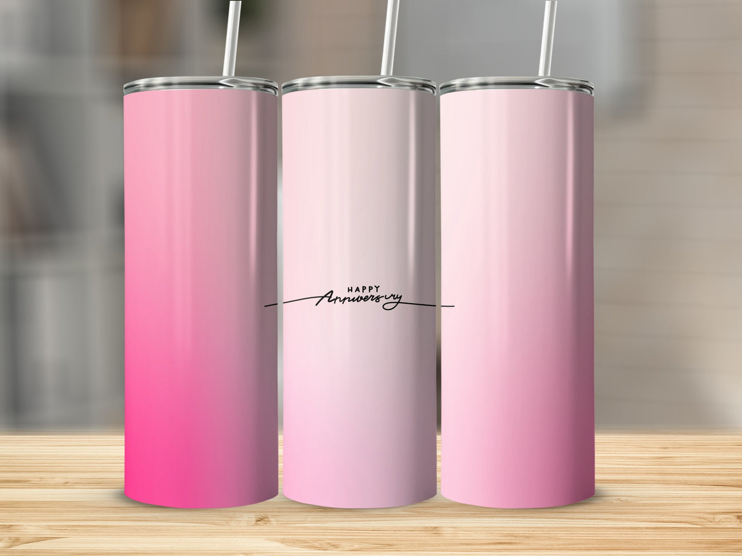 Pink ombre tumbler with "Happy Anniversary" text.