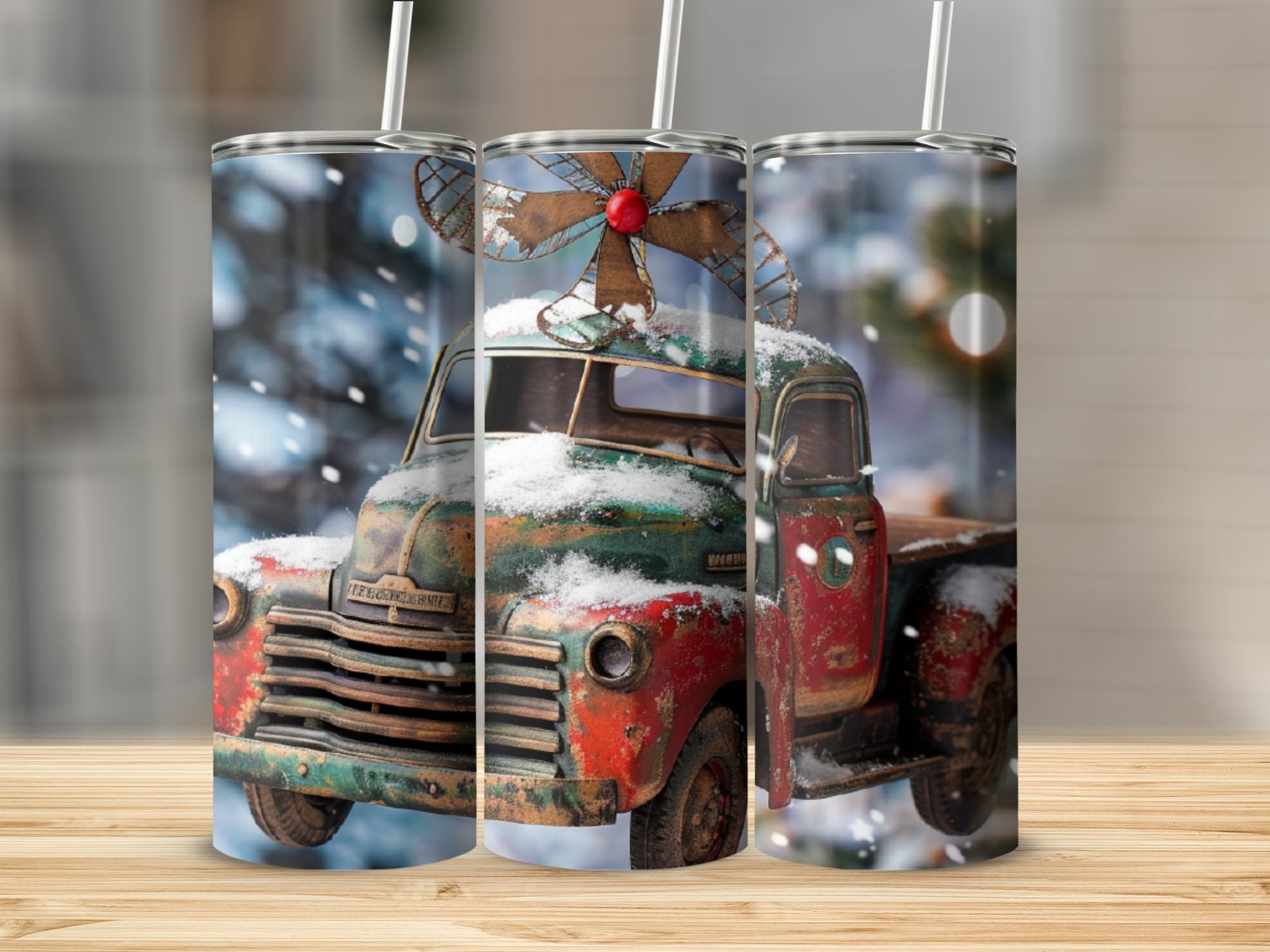 Vintage truck with Christmas decorations and snow, set against a snowy forest background.