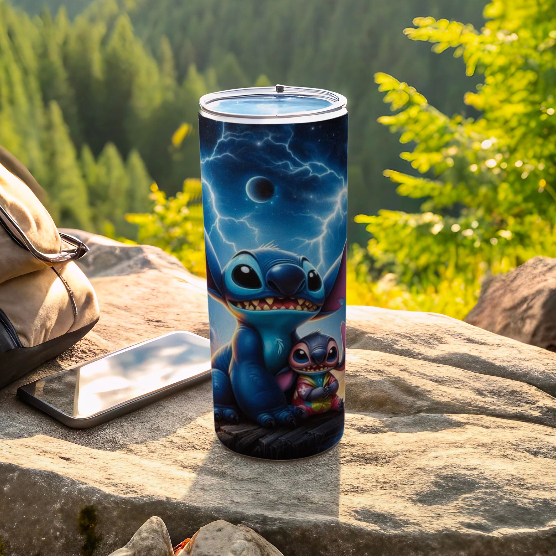 Stitch and Angel Lightning Forest Scene Tumbler
