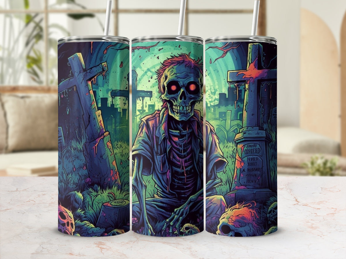 Tumbler with a spooky cemetery scene featuring a zombie, gravestones, and skulls.
