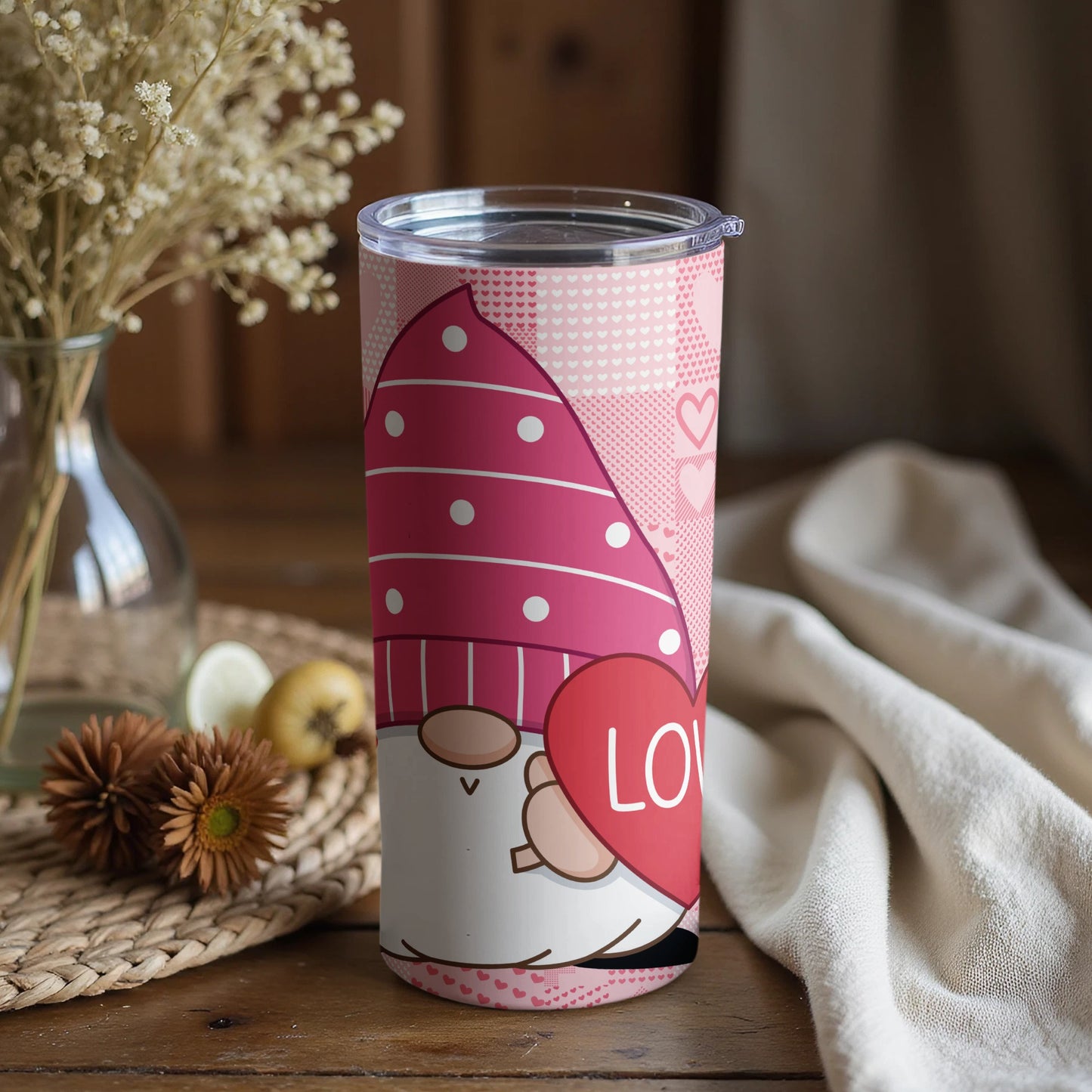 Adorable Gnome with Hearts Travel Tumbler