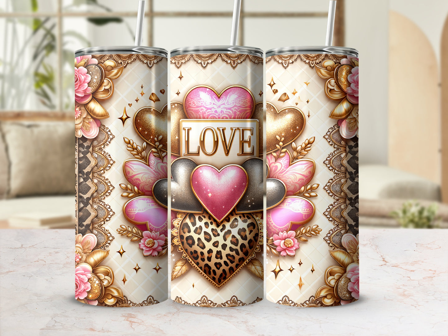 Pink Gold Hearts LOVE Leopard Floral Design product type