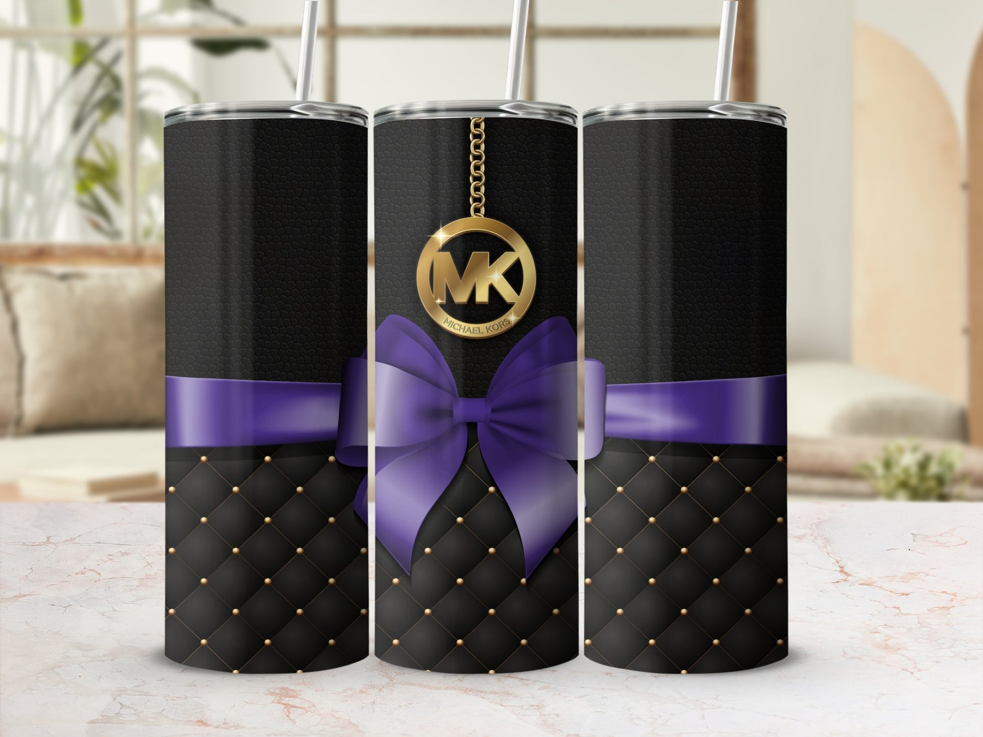 Stylish Black Tumbler with Purple Bow and Gold Stud Design